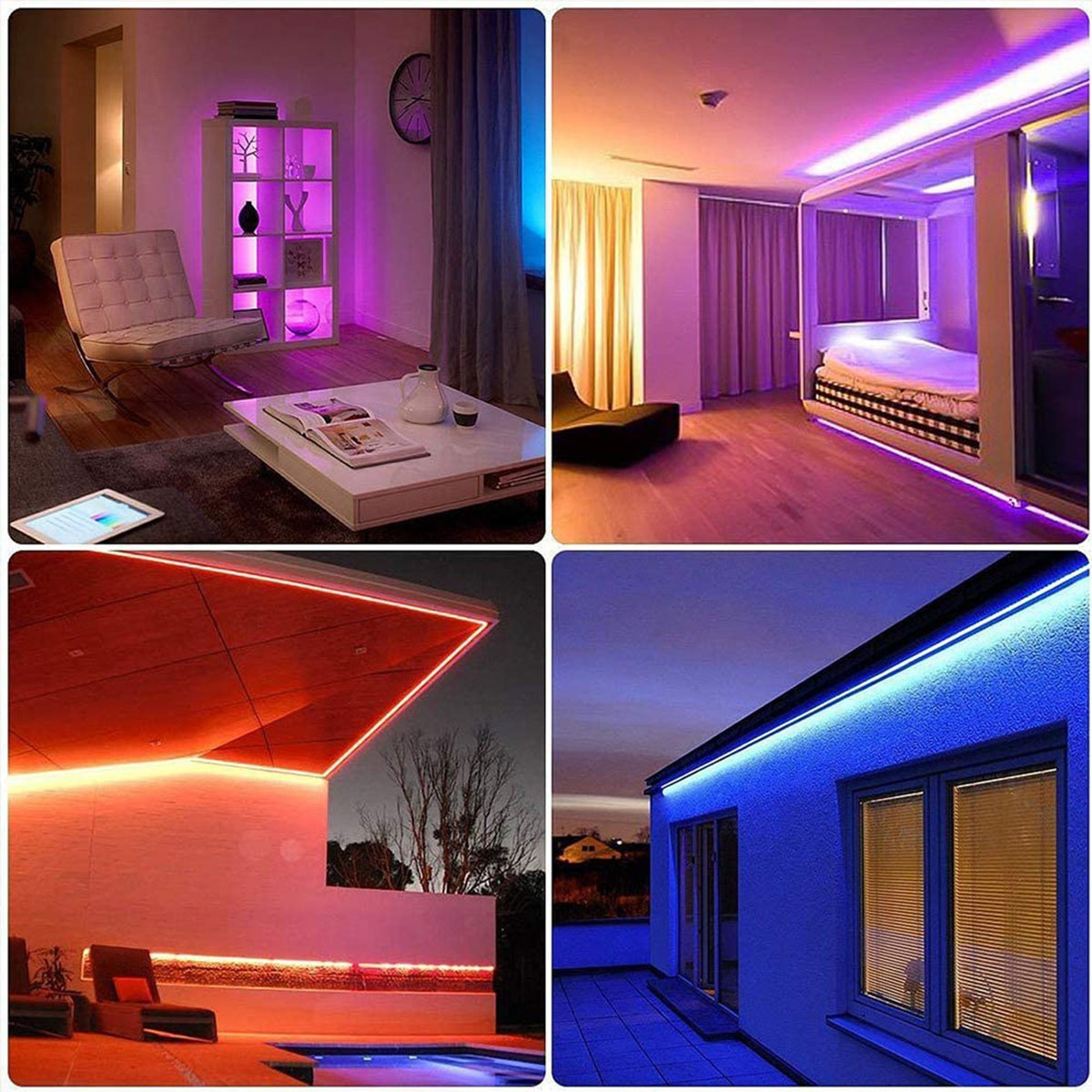 Cuatro imágenes de habitaciones con luces de tira LED coloridas. Diferentes entornos, varios colores.