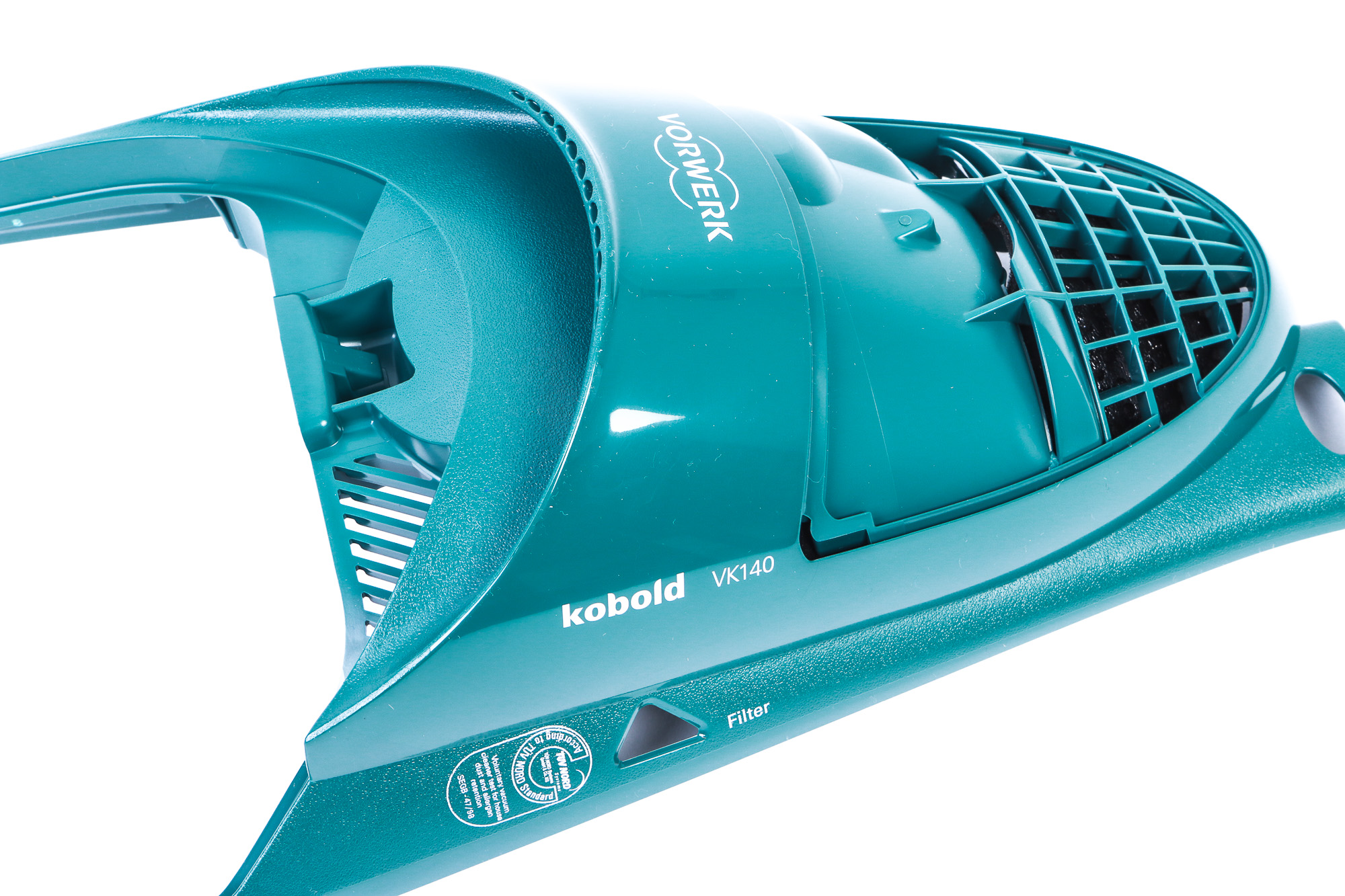 Türkisfarbenes Vakuumteil mit der Aufschrift Vorwerk, Kobold VK140. Weißer Hintergrund.