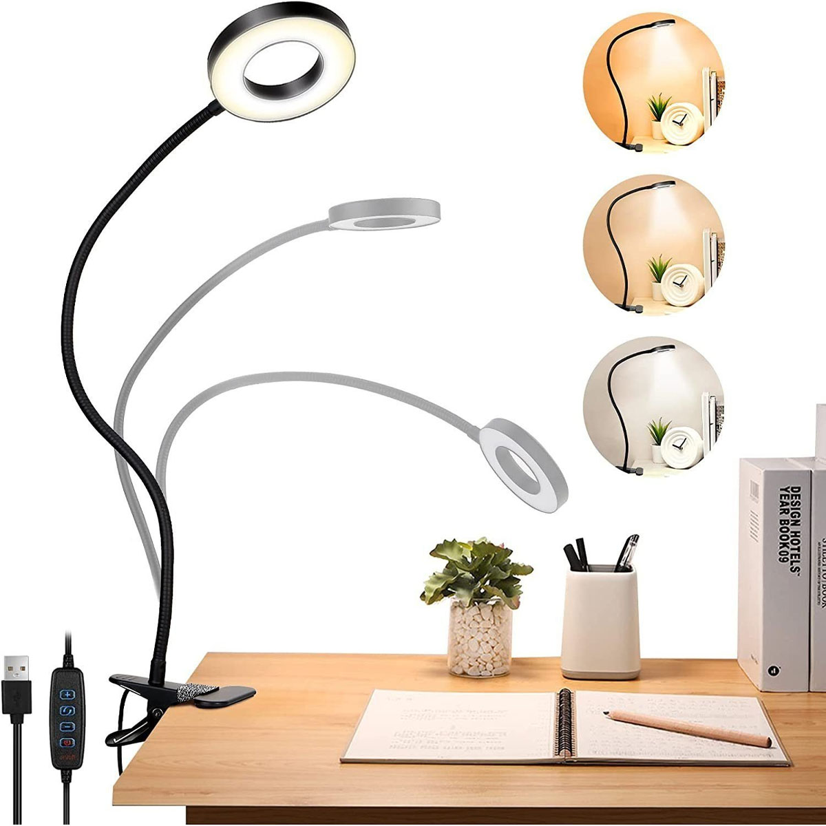 Lámpara de escritorio con luz de anillo, tres posiciones diferentes y un cable USB. Hay un lápiz y libros.