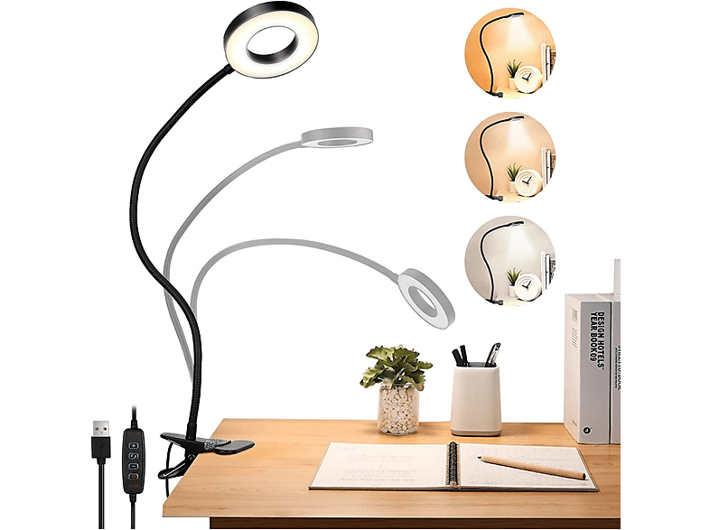 LAMON Leselicht,3 Modi schwarz, & neutral 10 Tischlampe, Weiß, warmweiß, Klemmleuchte LED-Tischleuchte, Dimmstufen