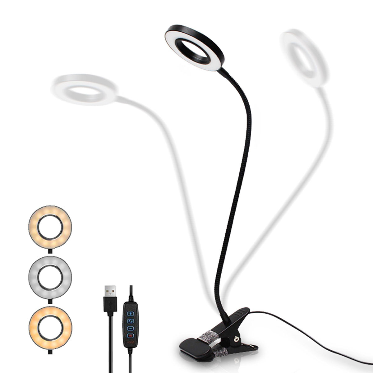 Lámpara de escritorio flexible con clip, tres anillos iluminados y cable USB. Fondo blanco.