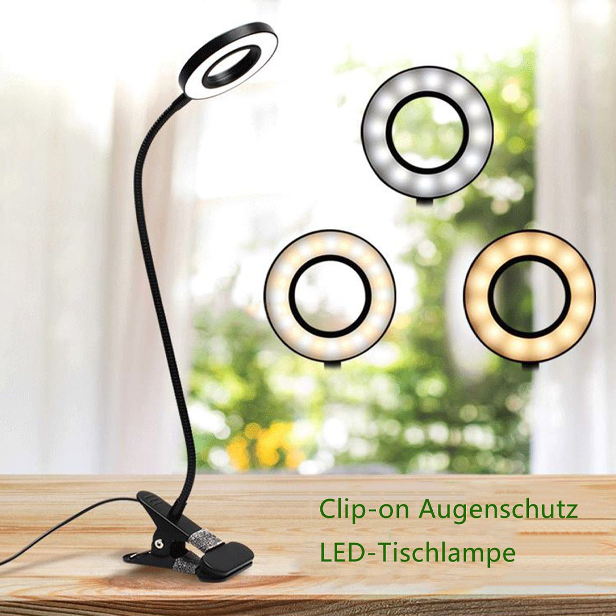 Lámpara de escritorio LED con clip y luz de anillo. Tres colores de luz de anillo: blanco, cálido y frío.