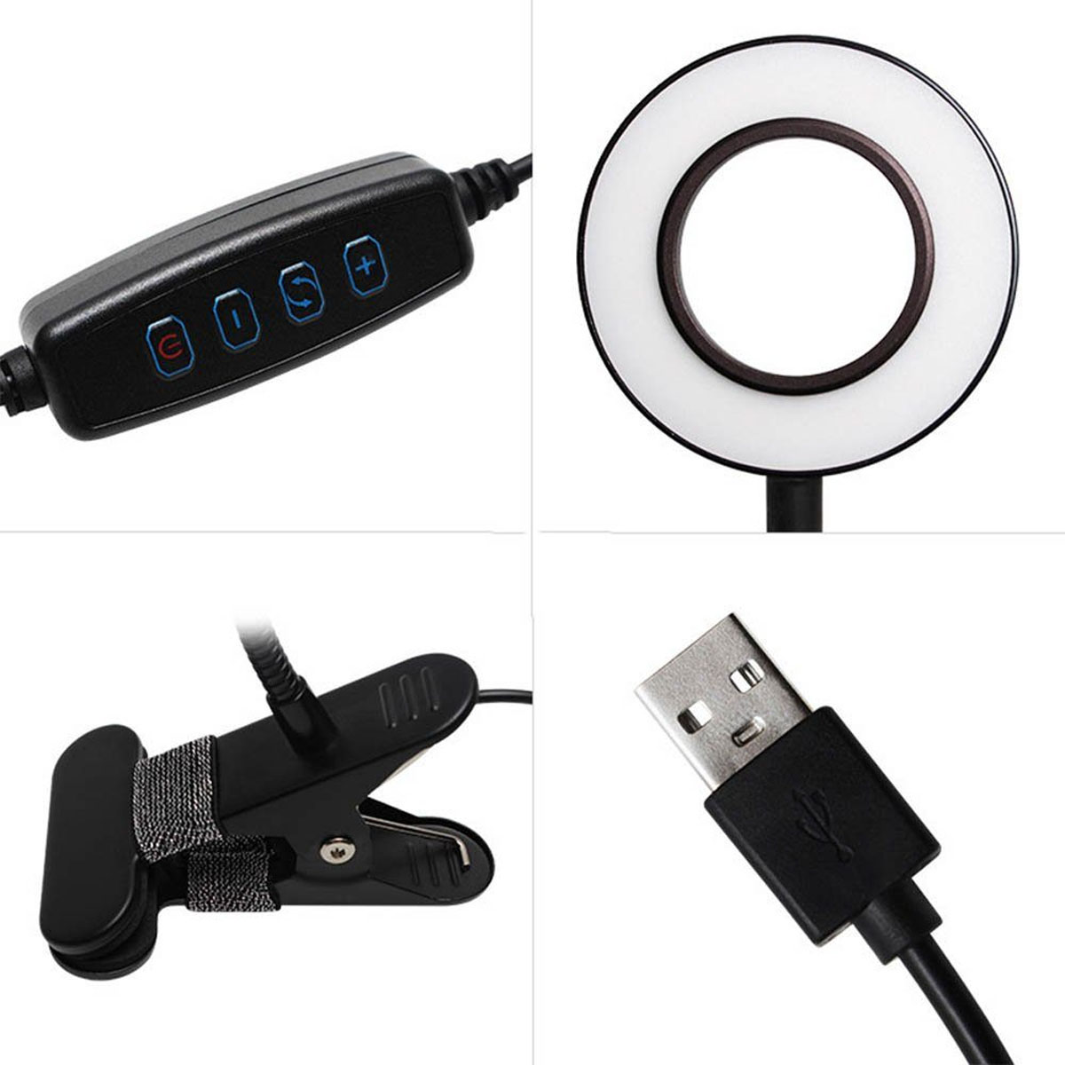 Primer plano de una luz de anillo con controles y cable USB. Negro. Tiene una pinza para sujetarlo.