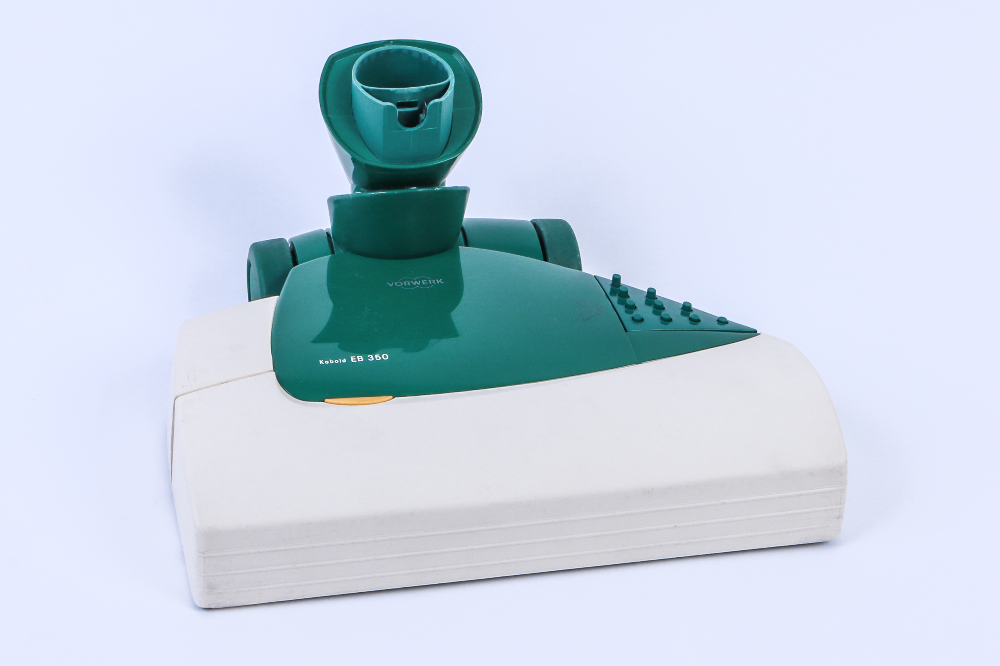 Ein grüner und weißer Staubsaugerkopf mit dem Markennamen Vorwerk und dem Modell EB 350.