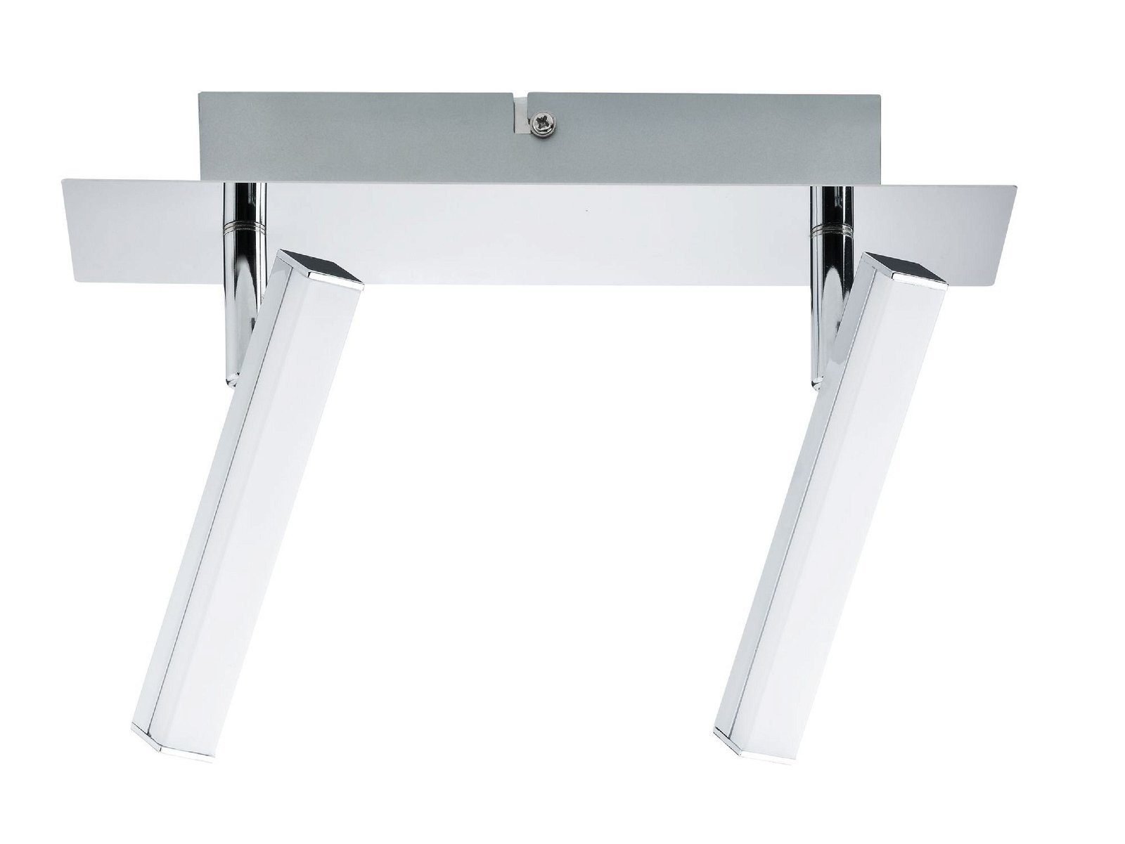 Dwa reflektory LED zamontowane na srebrnym pręcie, białe tło.