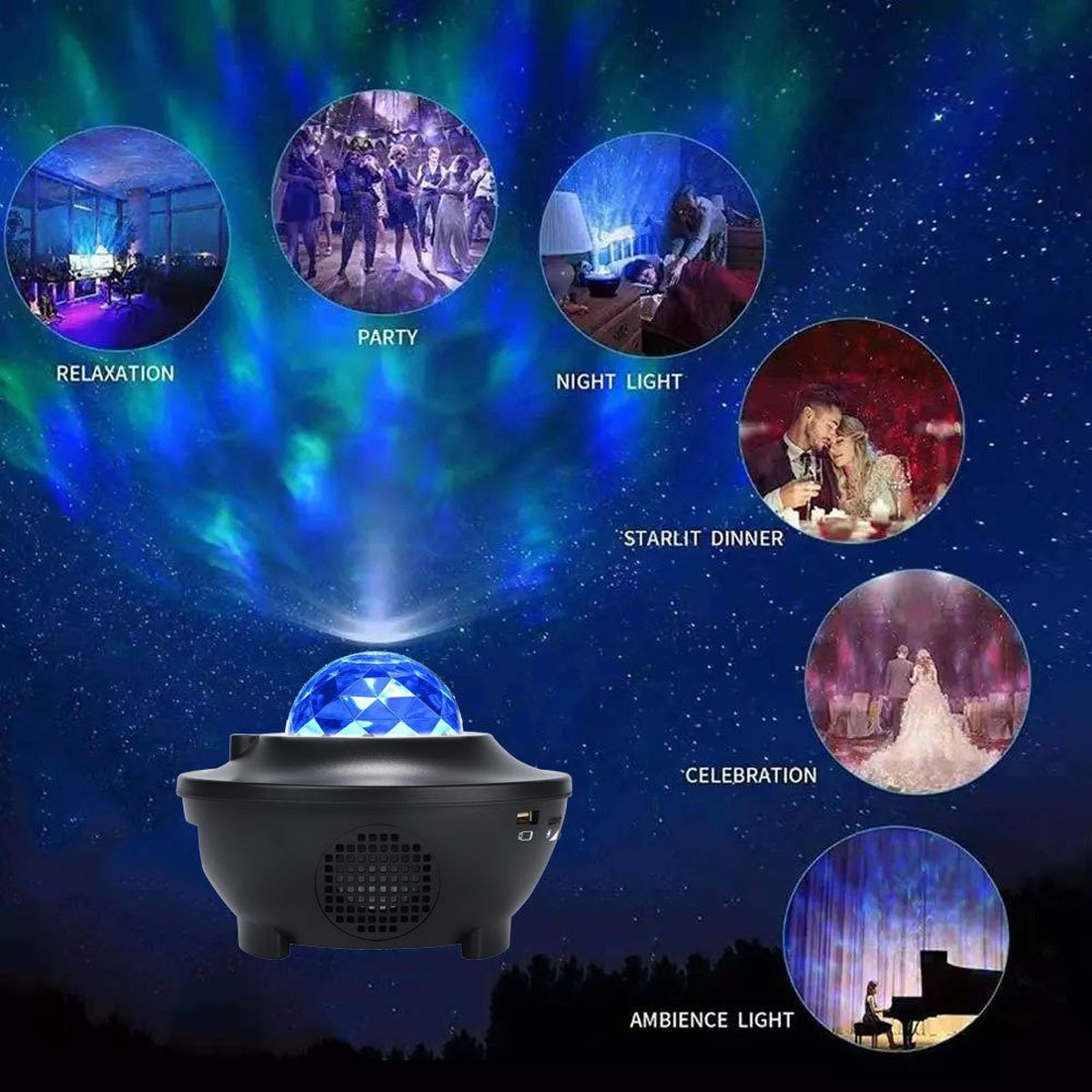 Bluetooth-Musikplayer Sternenhimmel Lichter, Star LAMON Projector, USB-Anschluss Projektor-Lampen, Schwarz, farbig und