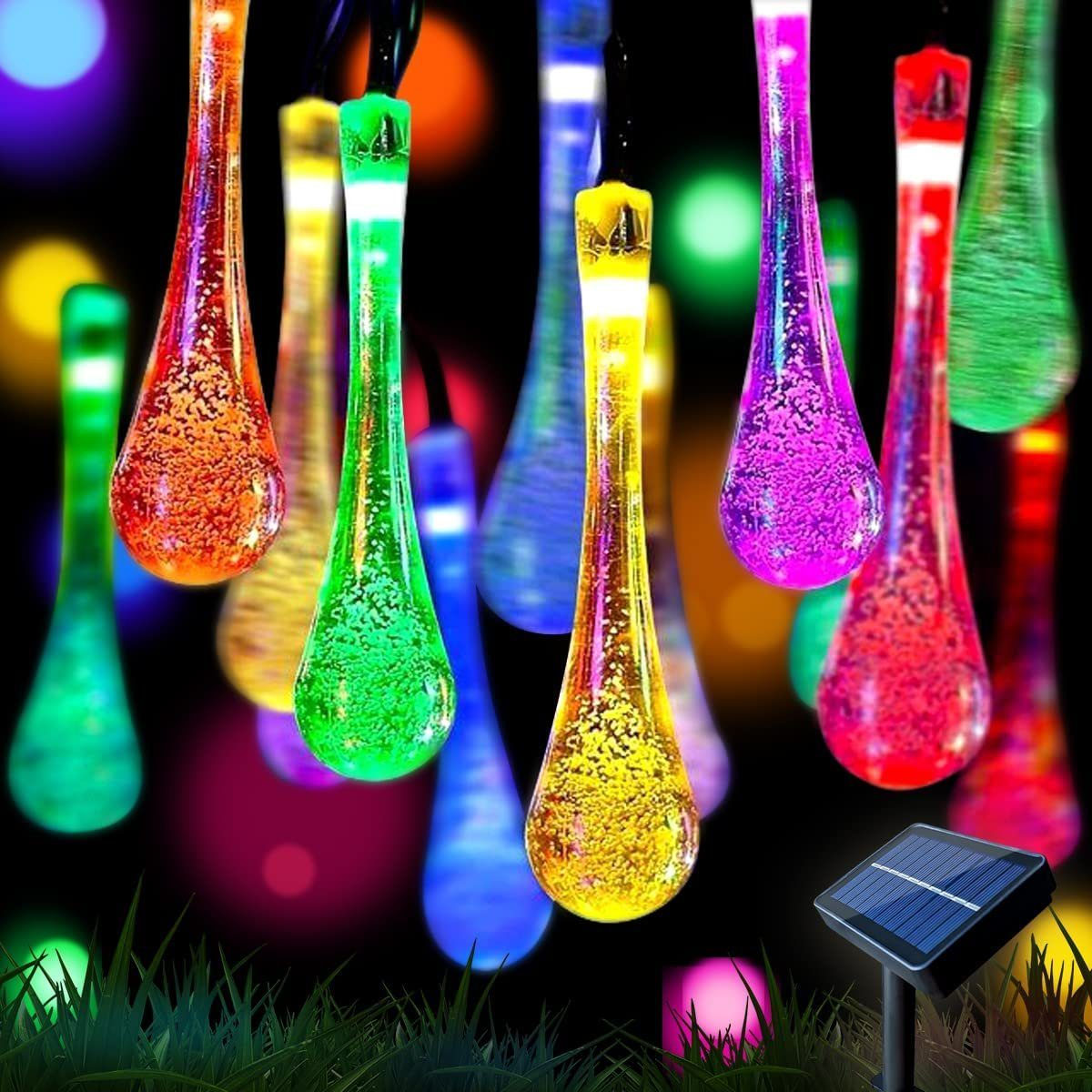 LAMON Solar-Lichterketten, 5m 20 farbig farbig Lichter farbig, Lichterketten, Wassertropfen-Solarleuchten