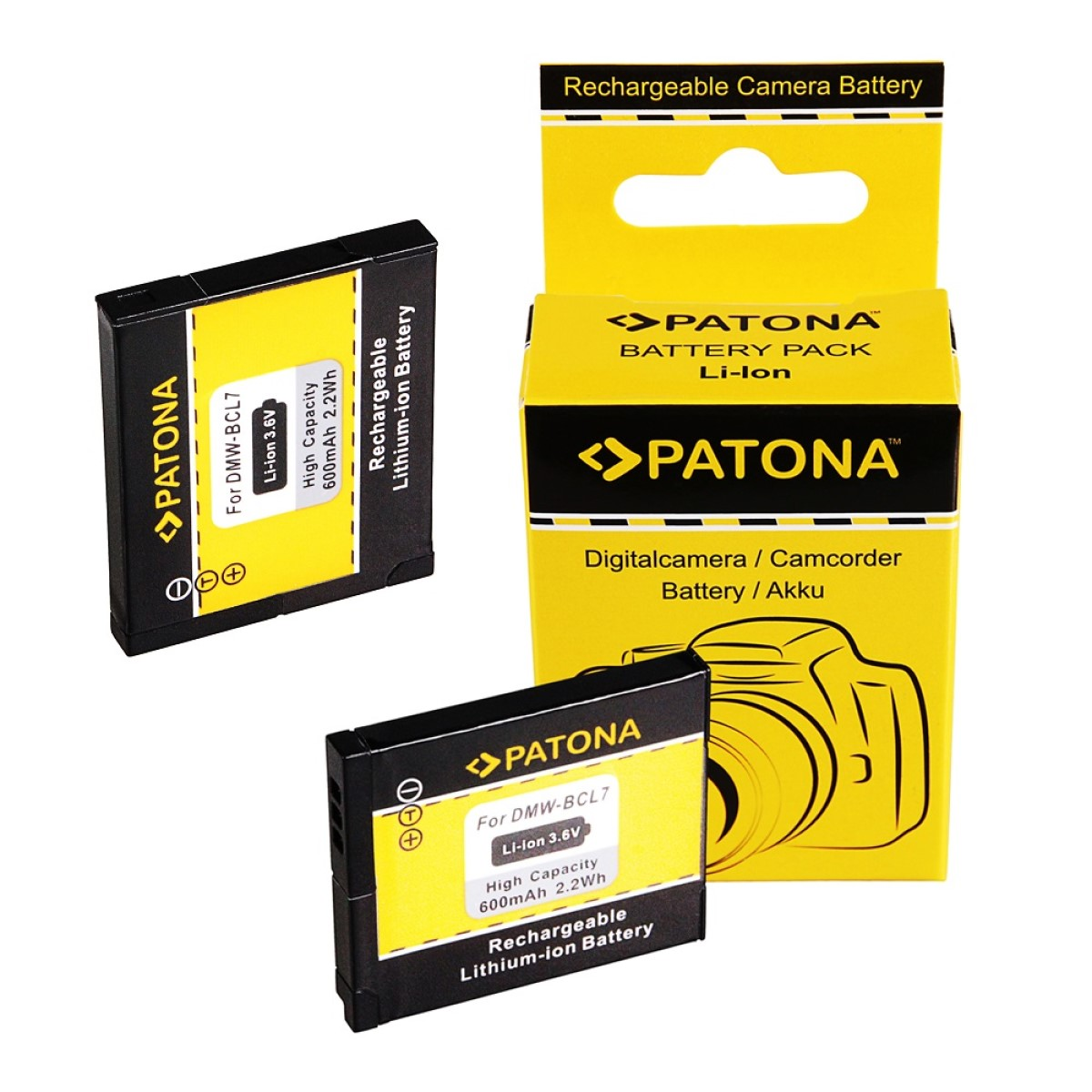 Drei Kamerabatterien und eine Box werden angezeigt. Auf der Box steht 'PATONA Battery Pack'.