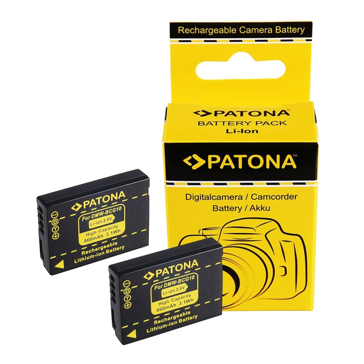 Panasonic PATONA 2x für 3.6 Stück 860mAh Ersatzakku, Volt, Akku 2 DMW-BCG10 kompatibel Li-Ion