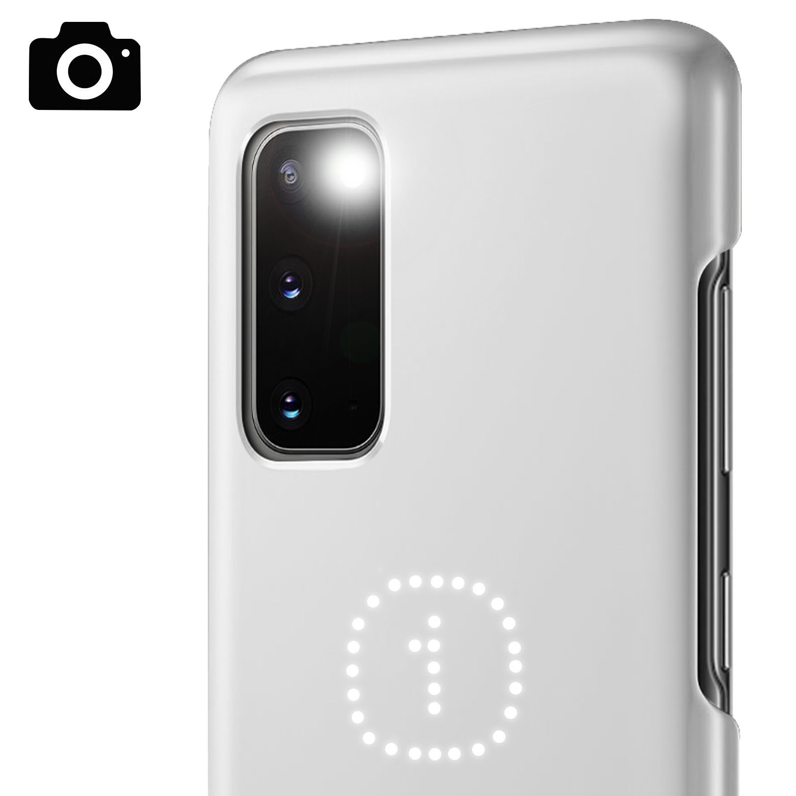 Custodia bianca per telefono con lenti della fotocamera e un numero uno illuminato. Sfondo bianco.