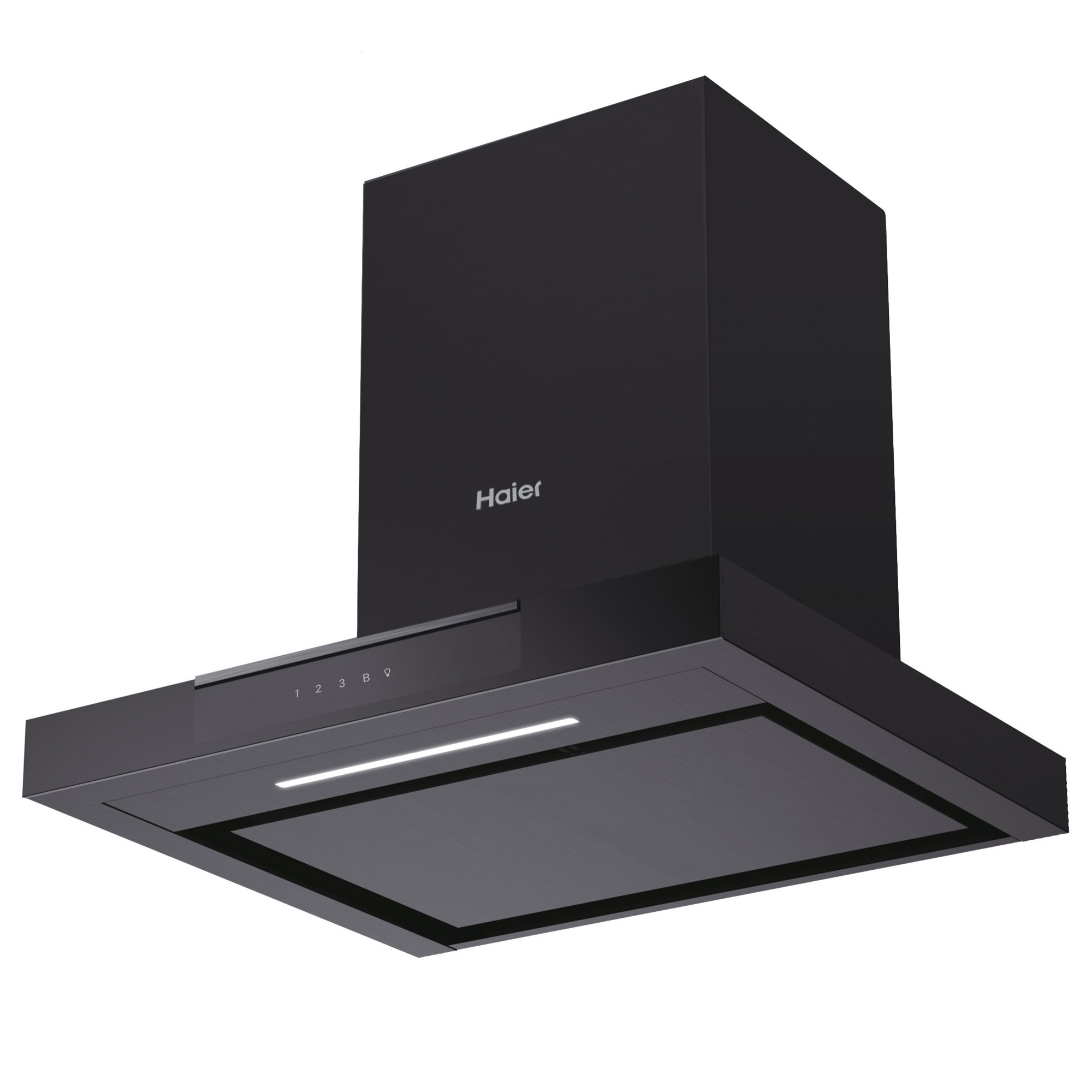 Eine schwarze Dunstabzugshaube. Es hat einen Bildschirm und Tasten. Der Markenname ist Haier.