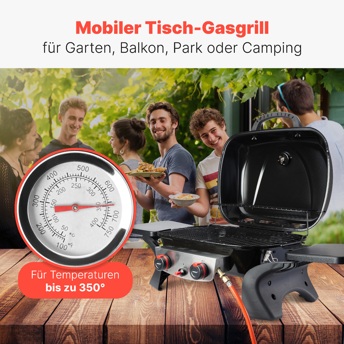 Ein tragbarer Grill mit Personen. Der Grill hat ein Thermometer und Text '350°'.