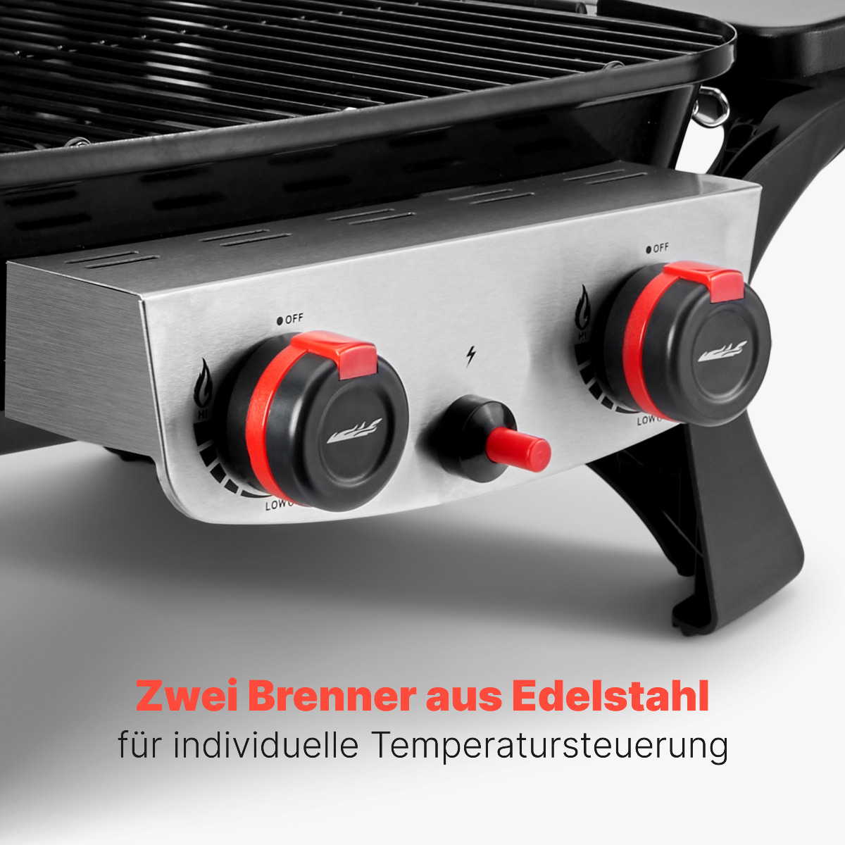 Ein Edelstahlgrill mit zwei roten Knöpfen. Die Knöpfe steuern die Hitze, der Grill ist schwarz. Der Text ist rot.