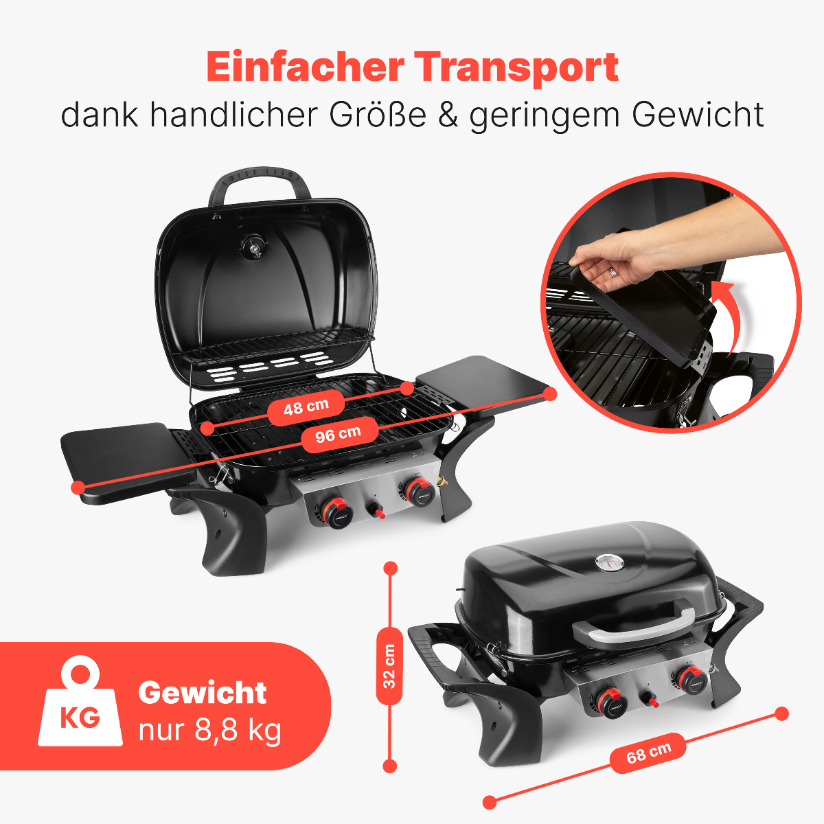 Schwarzer Gasgrill offen und geschlossen dargestellt, mit Abmessungen. Auf Deutsch beschriftet. Gewicht 8,8 kg.