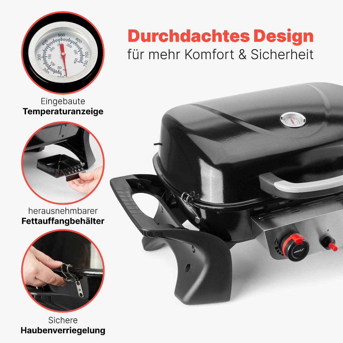Schwarzer Grill mit Text und Bildern. Ein Grill mit Thermometer, Griff und Behälter.
