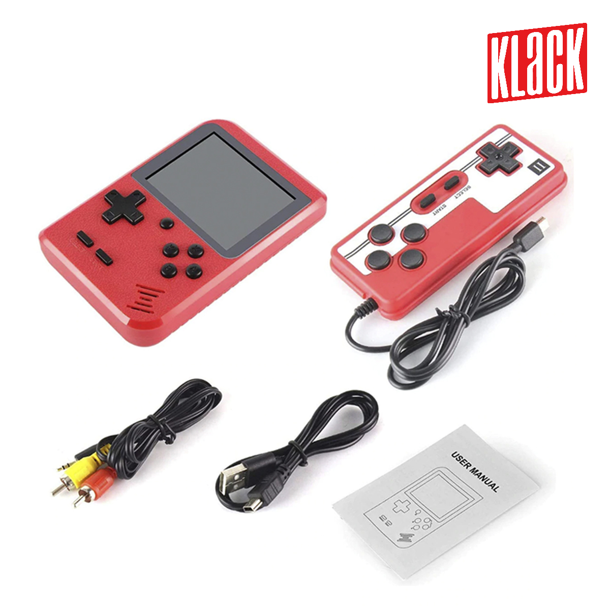 Consola de juegos portátil roja y mando con accesorios. Fondo blanco.