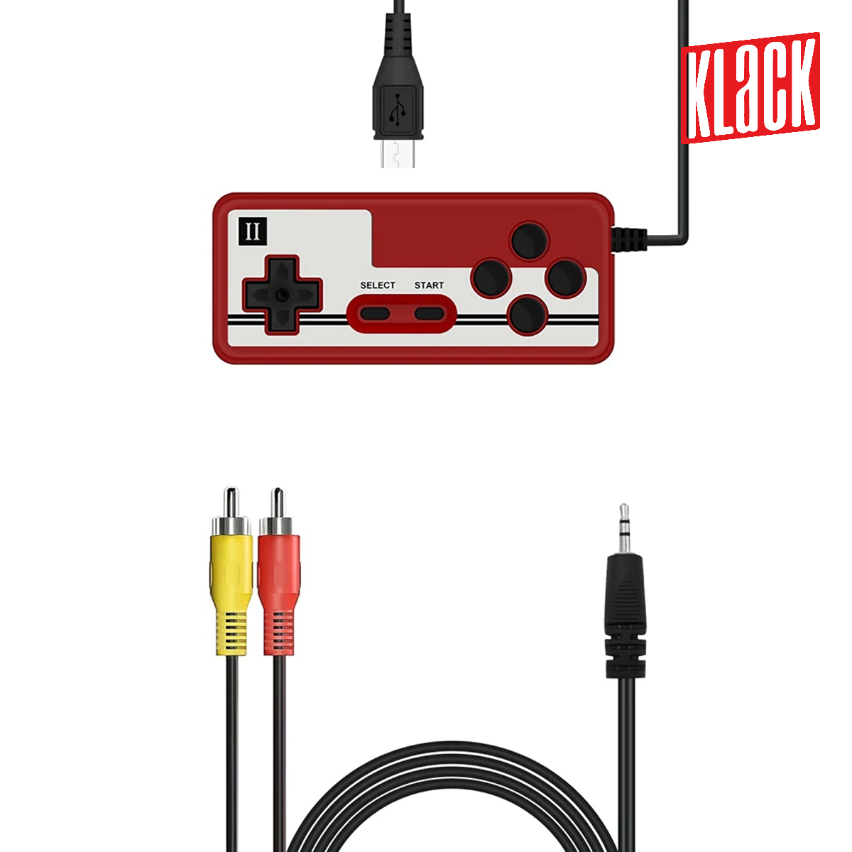 Un mando de juego retro rojo y cables. Cables amarillos, rojos y negros sobre fondo blanco.