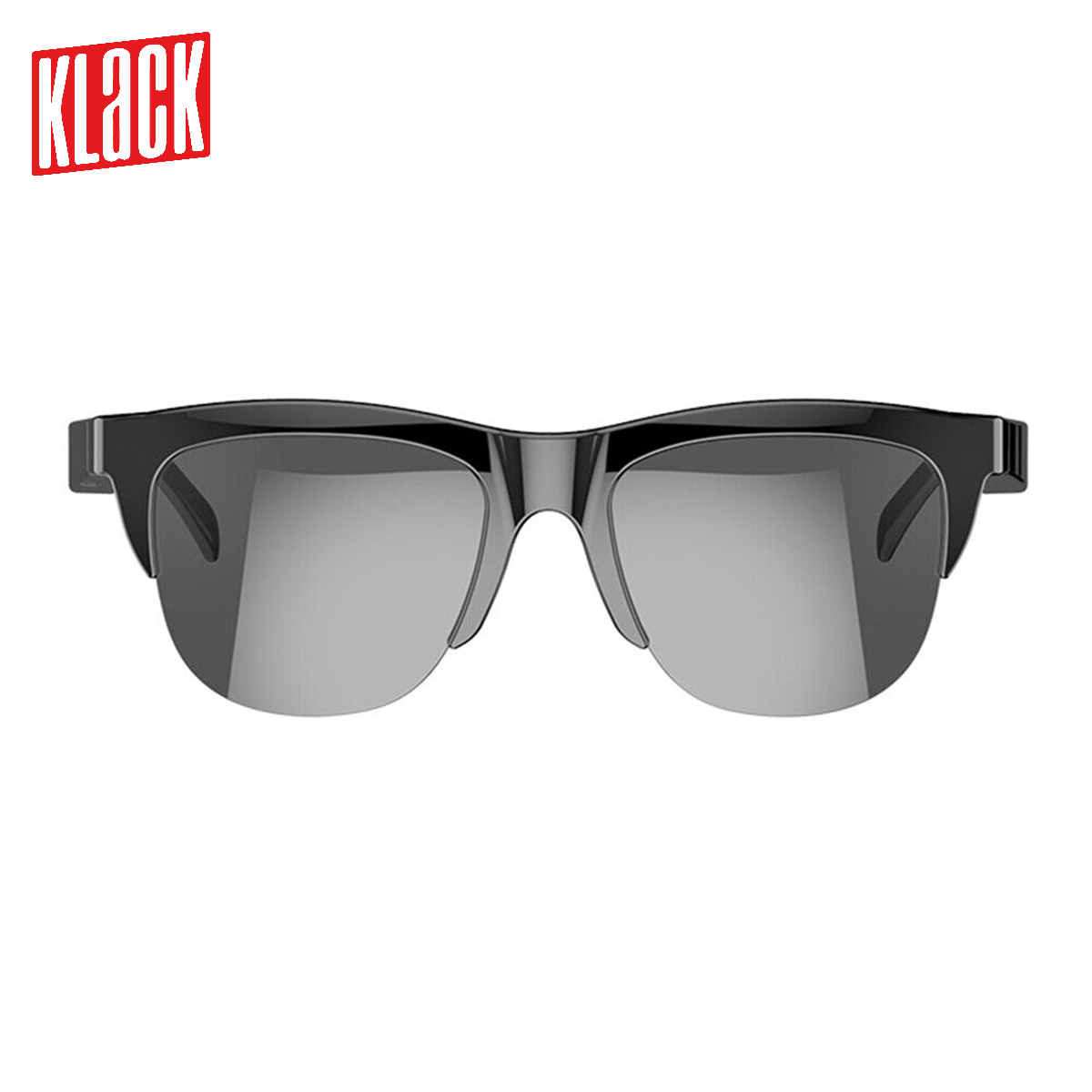 Gafas de sol negras con lente gris y la palabra 'KLACK' en la parte superior izquierda.