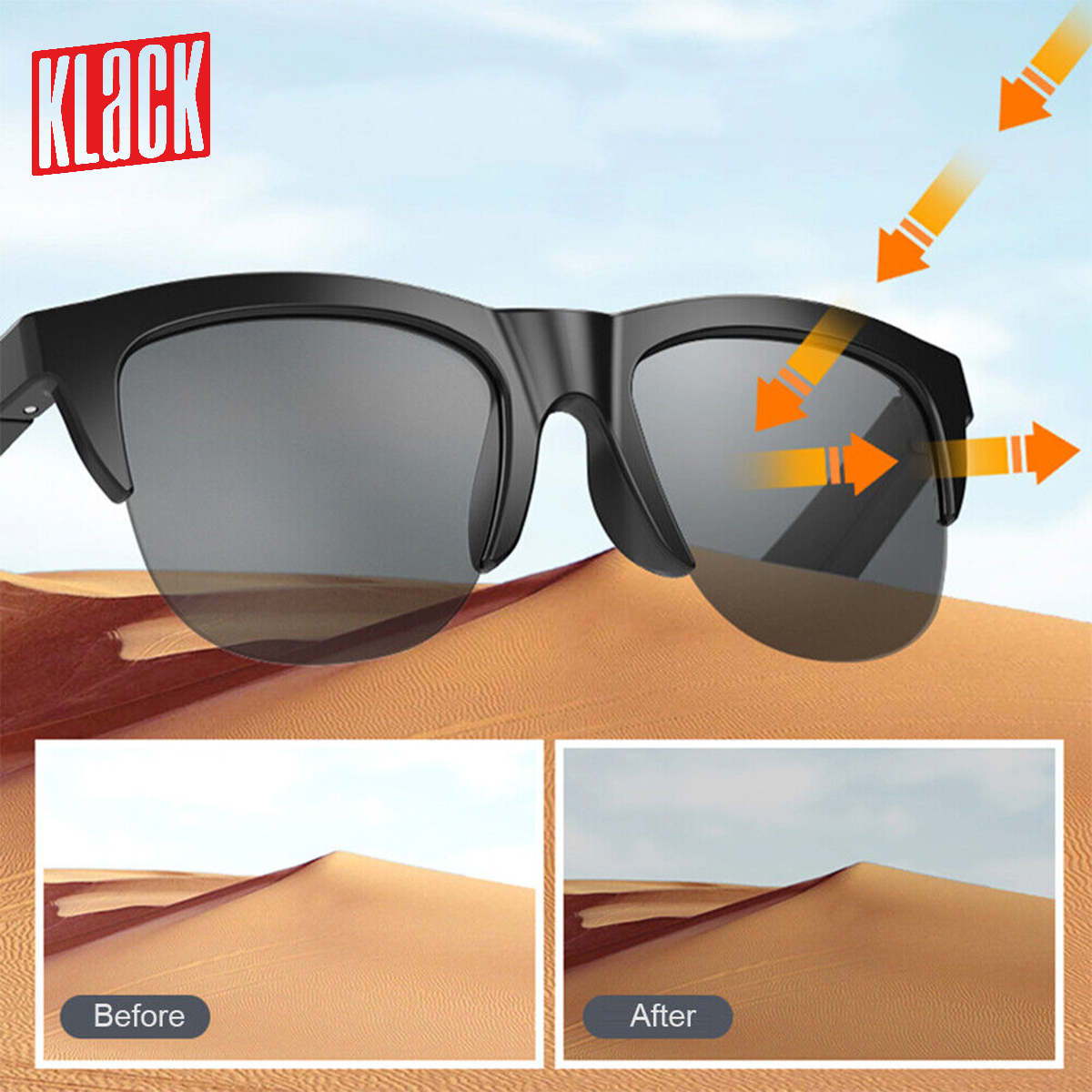 Gafas de sol con montura negra. Las flechas muestran cómo bloquean la luz solar. Dunas de arena en el fondo.