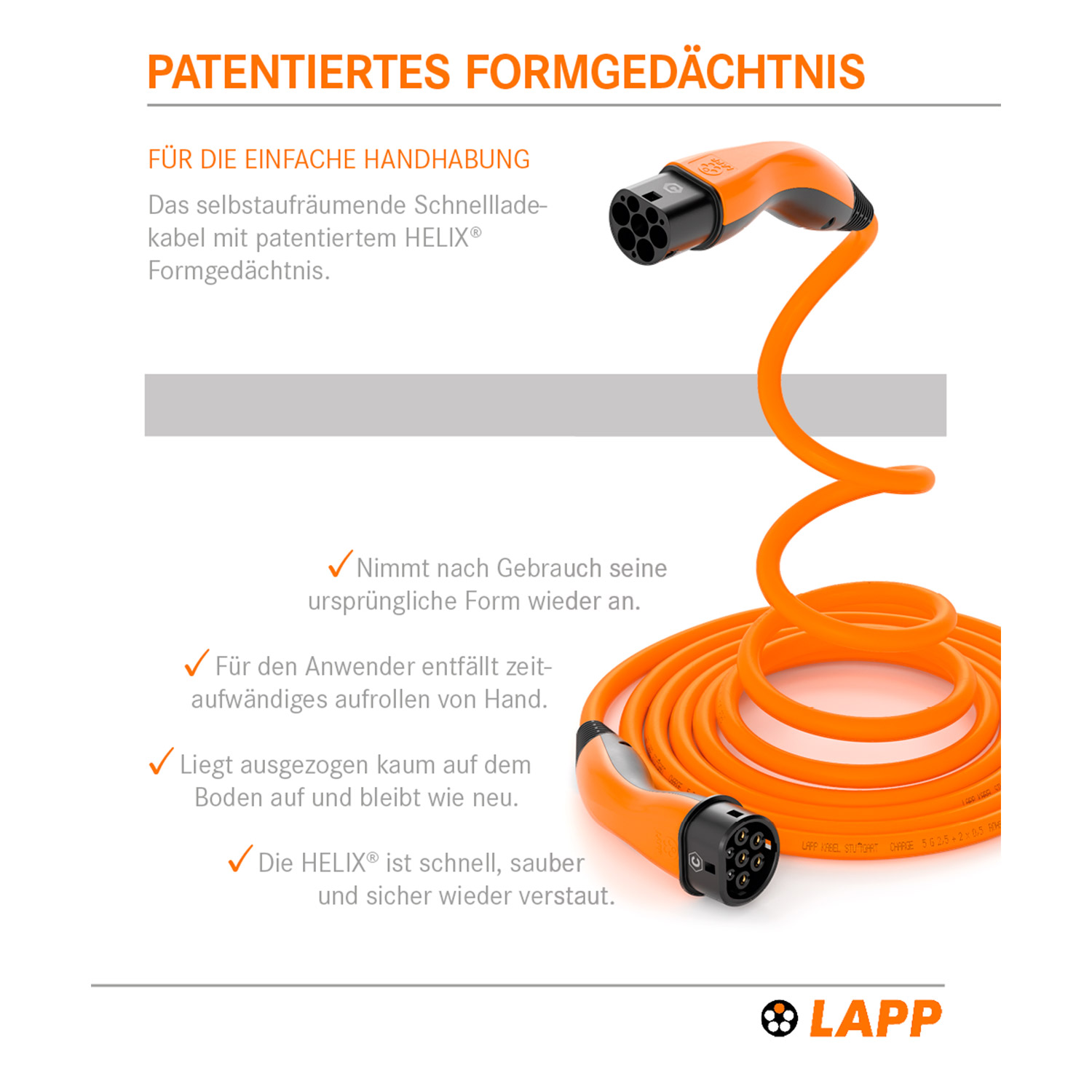 Oranges Ladekabel mit Stecker. Text beschreibt den Helix-Formgedächtnis und die einfache Handhabung.