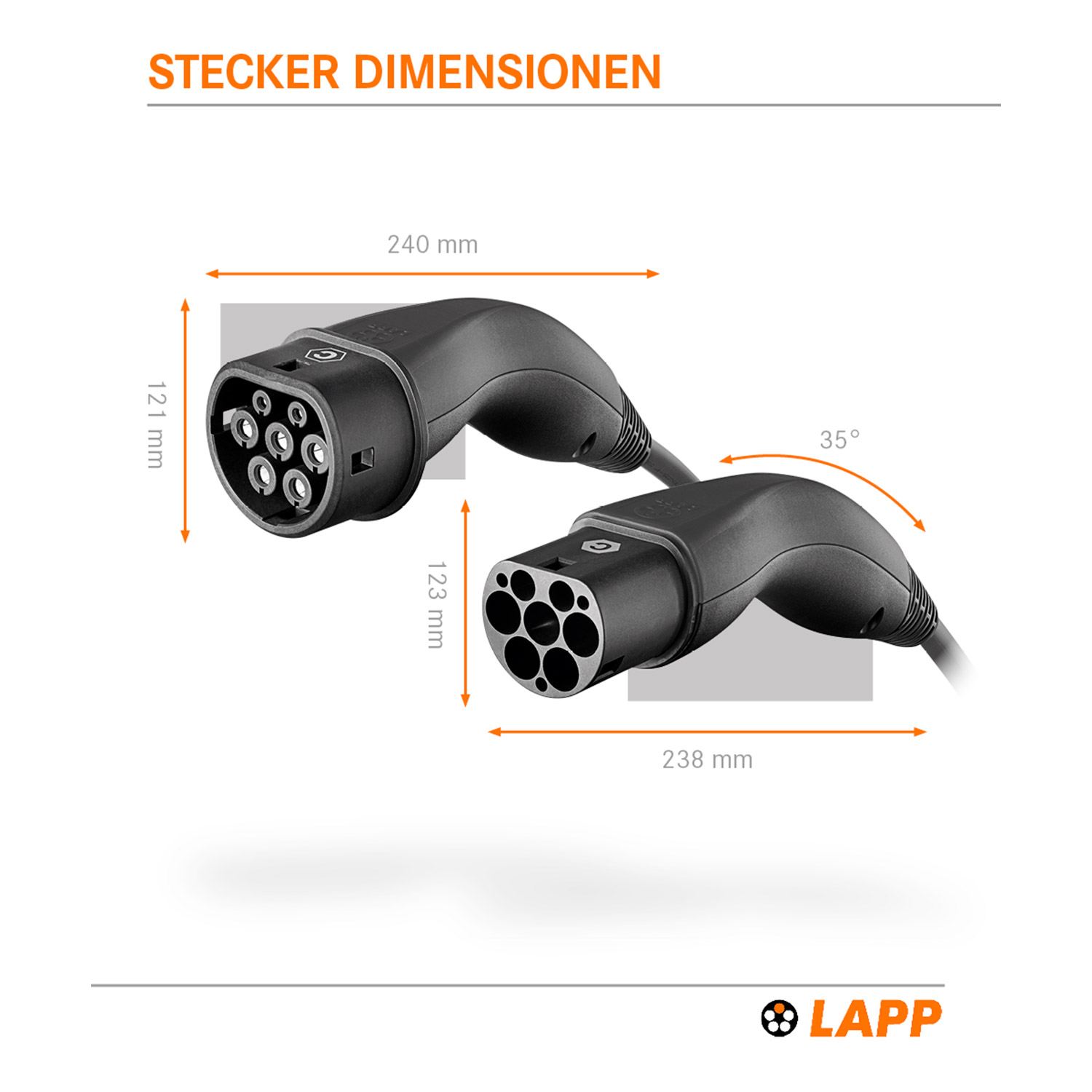 Schwarze Ladestecker mit Maßen und Logo, vor weißem Hintergrund.