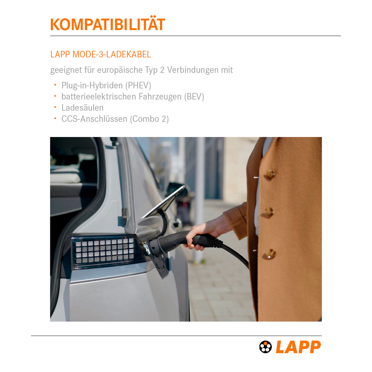 Eine Person lädt ein Elektroauto mit einem Ladekabel auf. Der Text im Bild ist auf Deutsch.