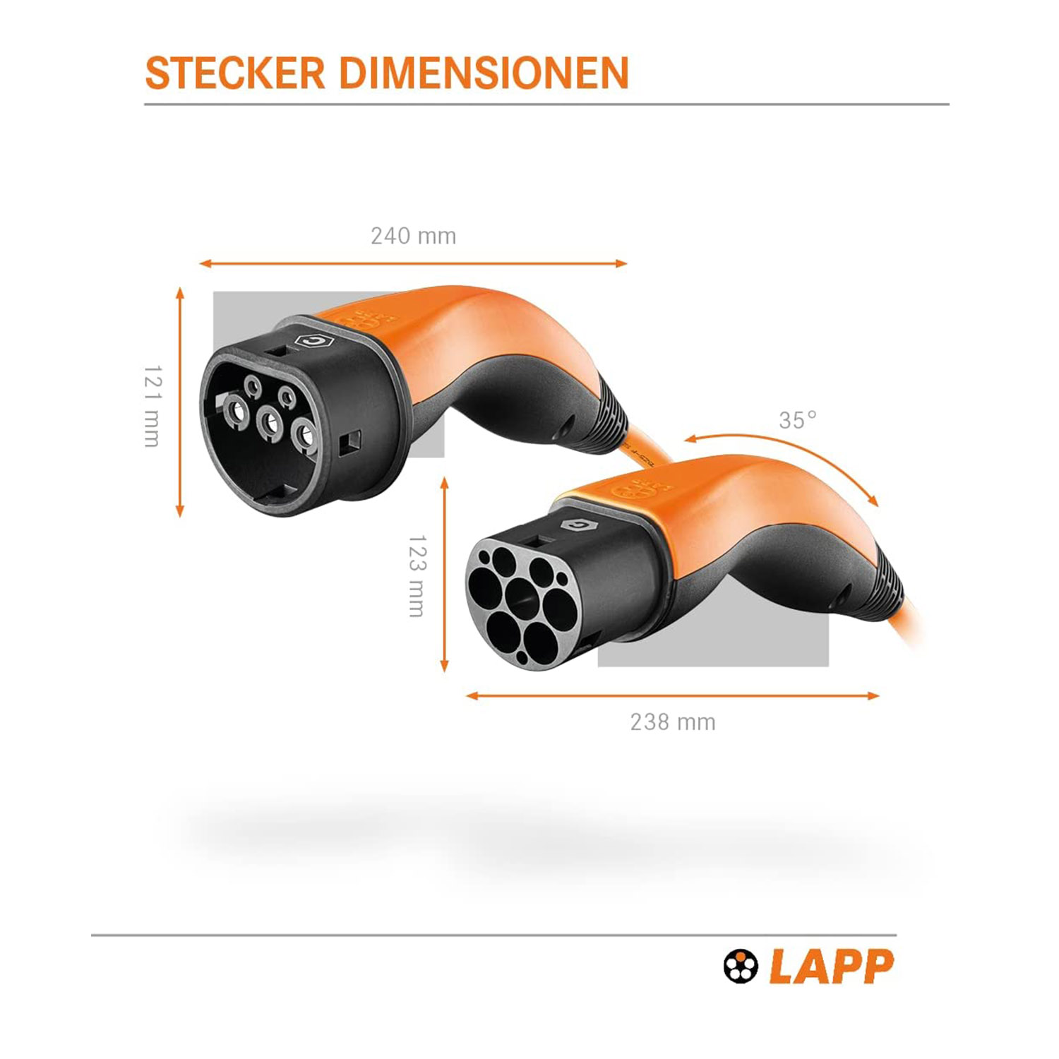 Orangener und schwarzer EV-Ladegerät mit Messungen auf weißem Hintergrund.