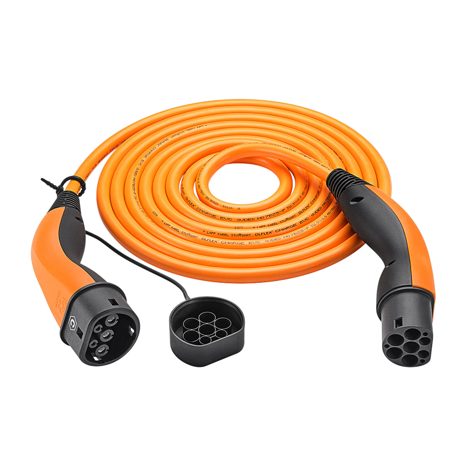 Ein orangefarbenes Ladekabel mit schwarzen Enden und einem schwarzen Ladeanschluss auf weißem Hintergrund.