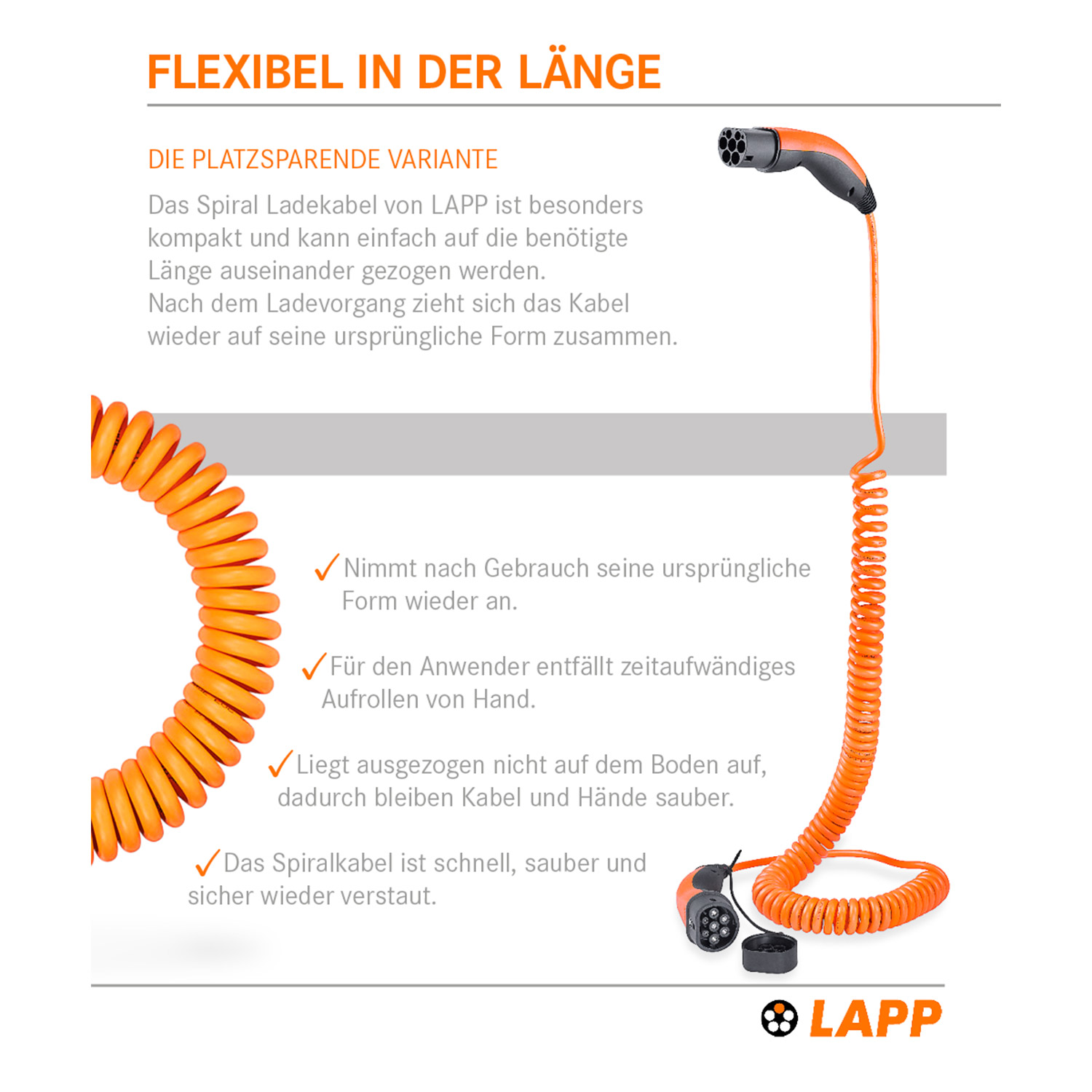 Oranges Spiralladekabel. Text beschreibt Funktionen und Vorteile. Weißer Hintergrund.