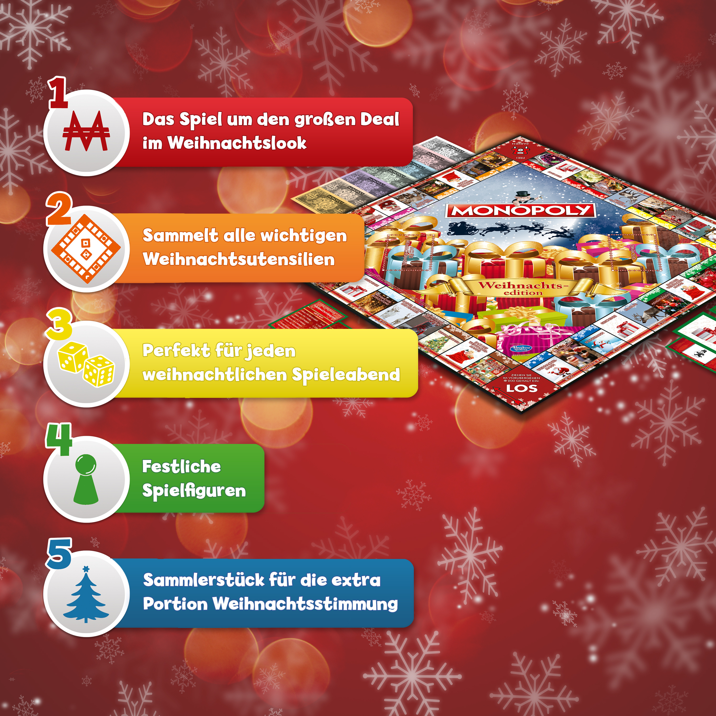 Monopoly-Brettspiel mit Text und Symbolen. Farbenfrohes Weihnachtsthema mit Geschenken.