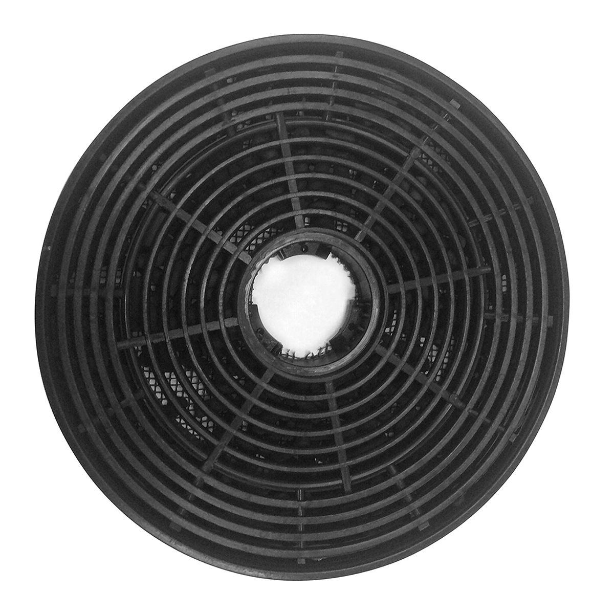 Ein kreisförmiger schwarzer Filter mit konzentrischen Ringen. Die Mitte ist offen.
