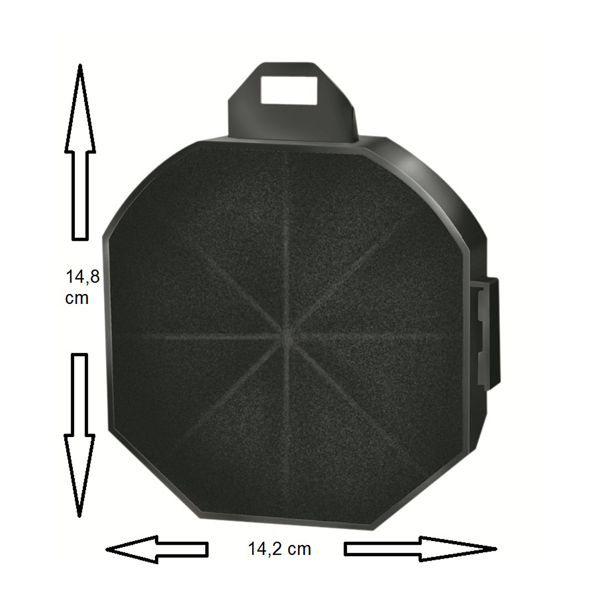 Achteckiger schwarzer Filter. Zwei Pfeile zeigen die Abmessungen: 14,8 cm und 14,2 cm. Griff oben.