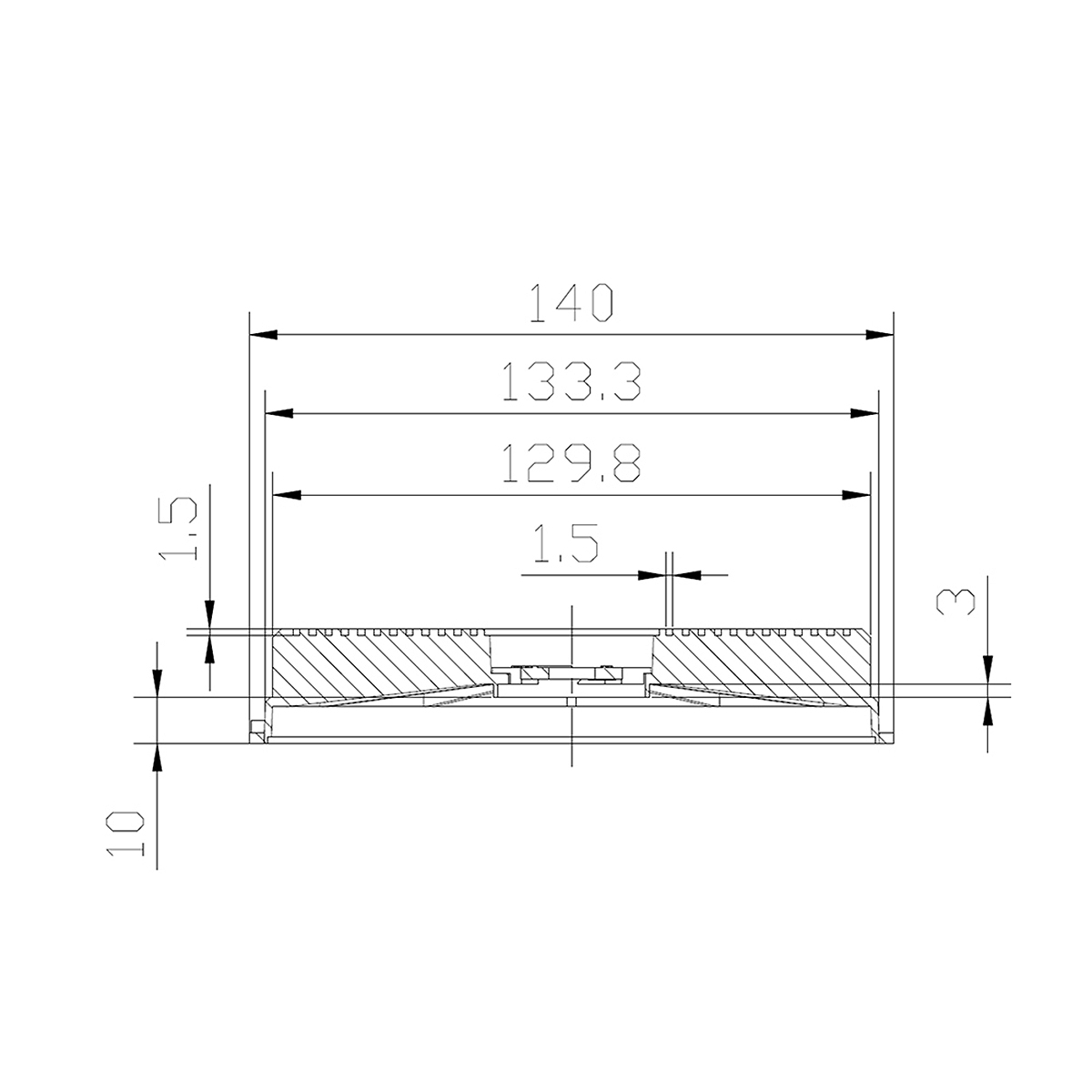 Technische Zeichnung mit Maßen: 140 mm, 133,3 mm, 129,8 mm, 10 mm, 1,5 mm und 3 mm.