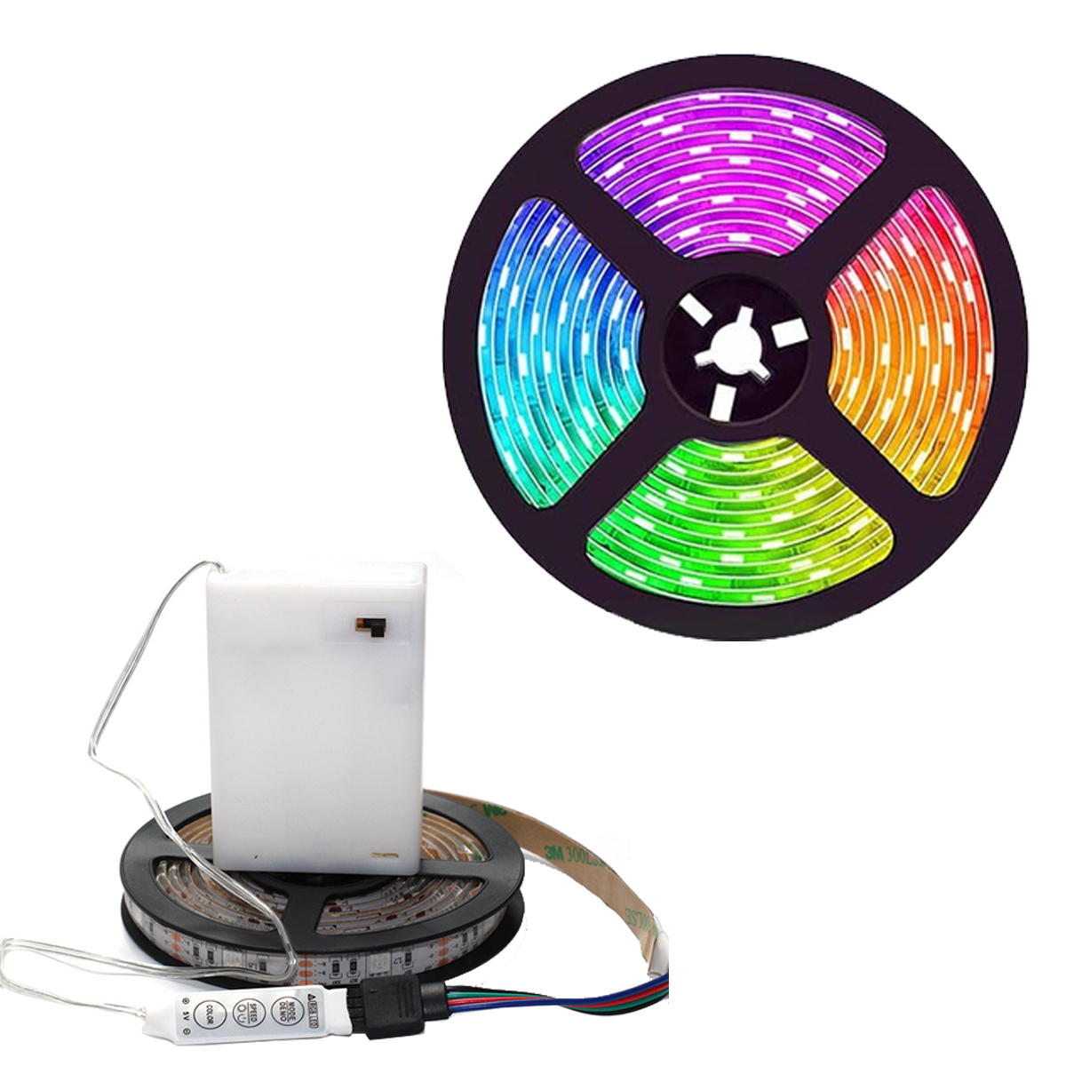 Un rollo de luces de tira LED de colores, un paquete de baterías blanco y un controlador.