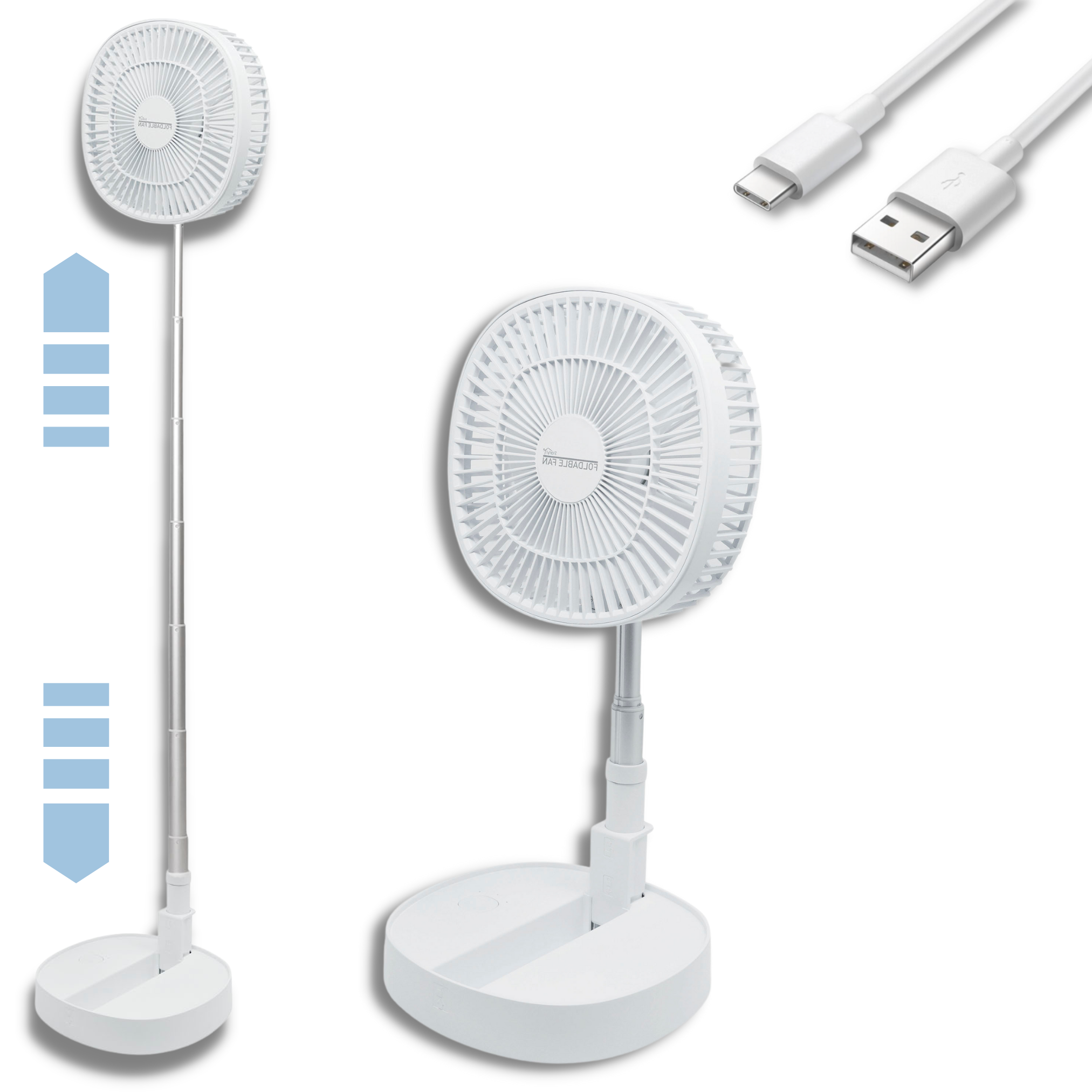 Weißer Ventilator, höhenverstellbar. Enthält ein USB-C- und ein USB-A-Kabel.