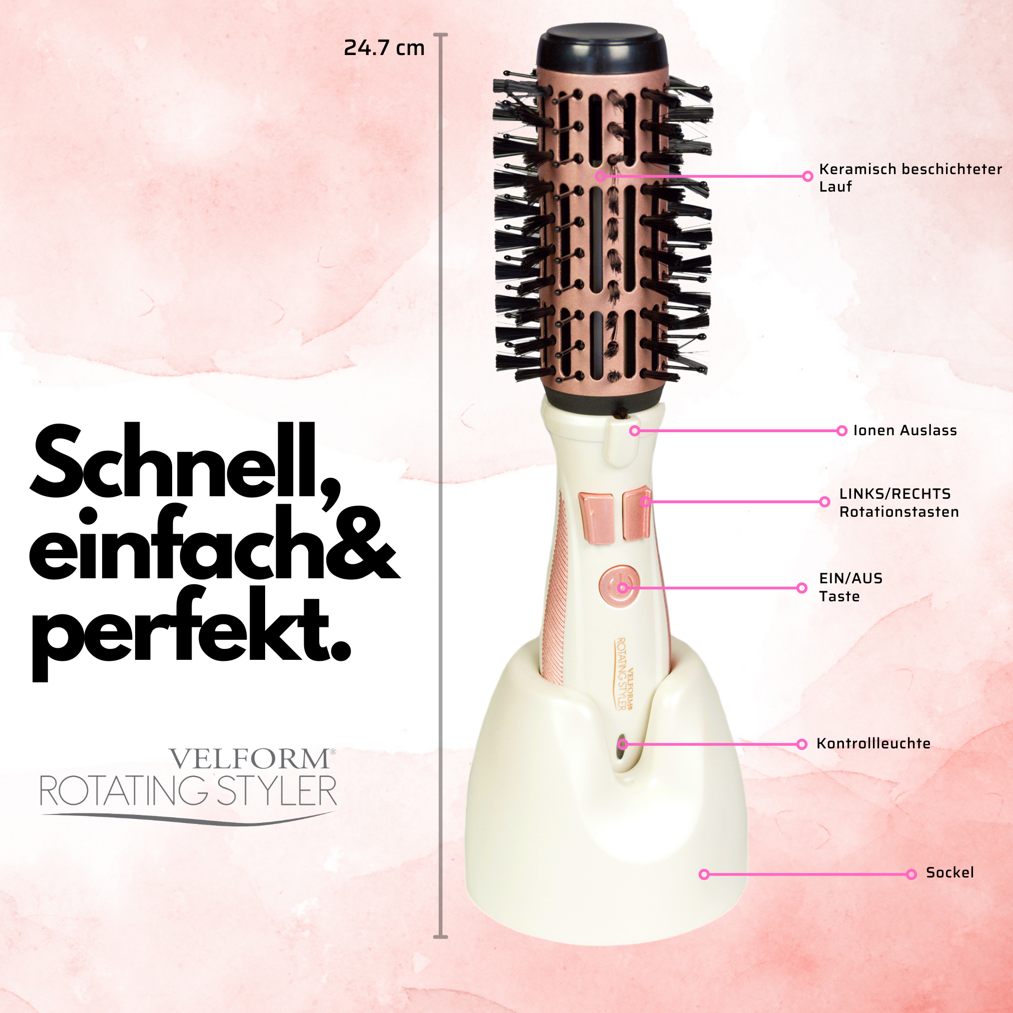 Uno styler per capelli rotante con un supporto. Una combinazione di colori rosa e bianco. Etichette di testo visibili.