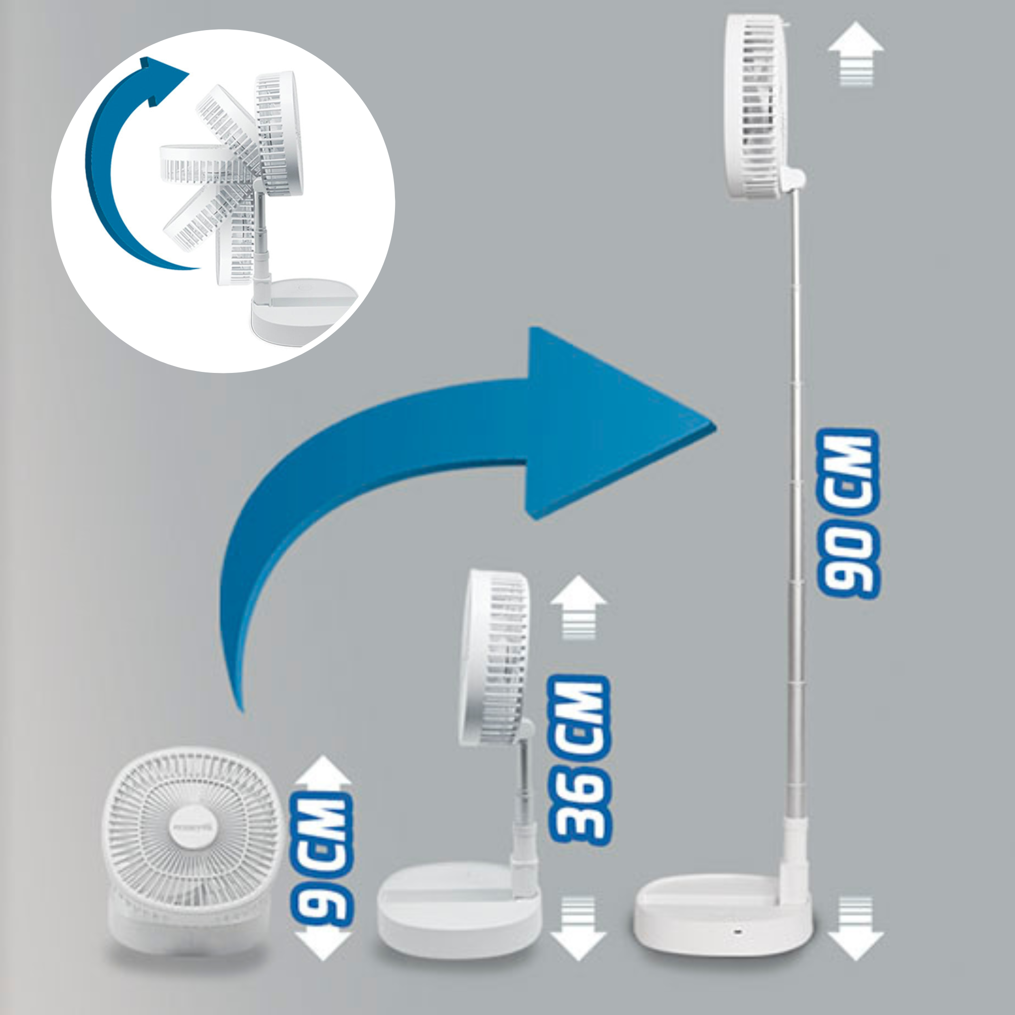 Ein weißer Ventilator, der in verschiedenen Positionen und Höhen gezeigt wird, mit Pfeilen, die die Verstellbarkeit anzeigen.