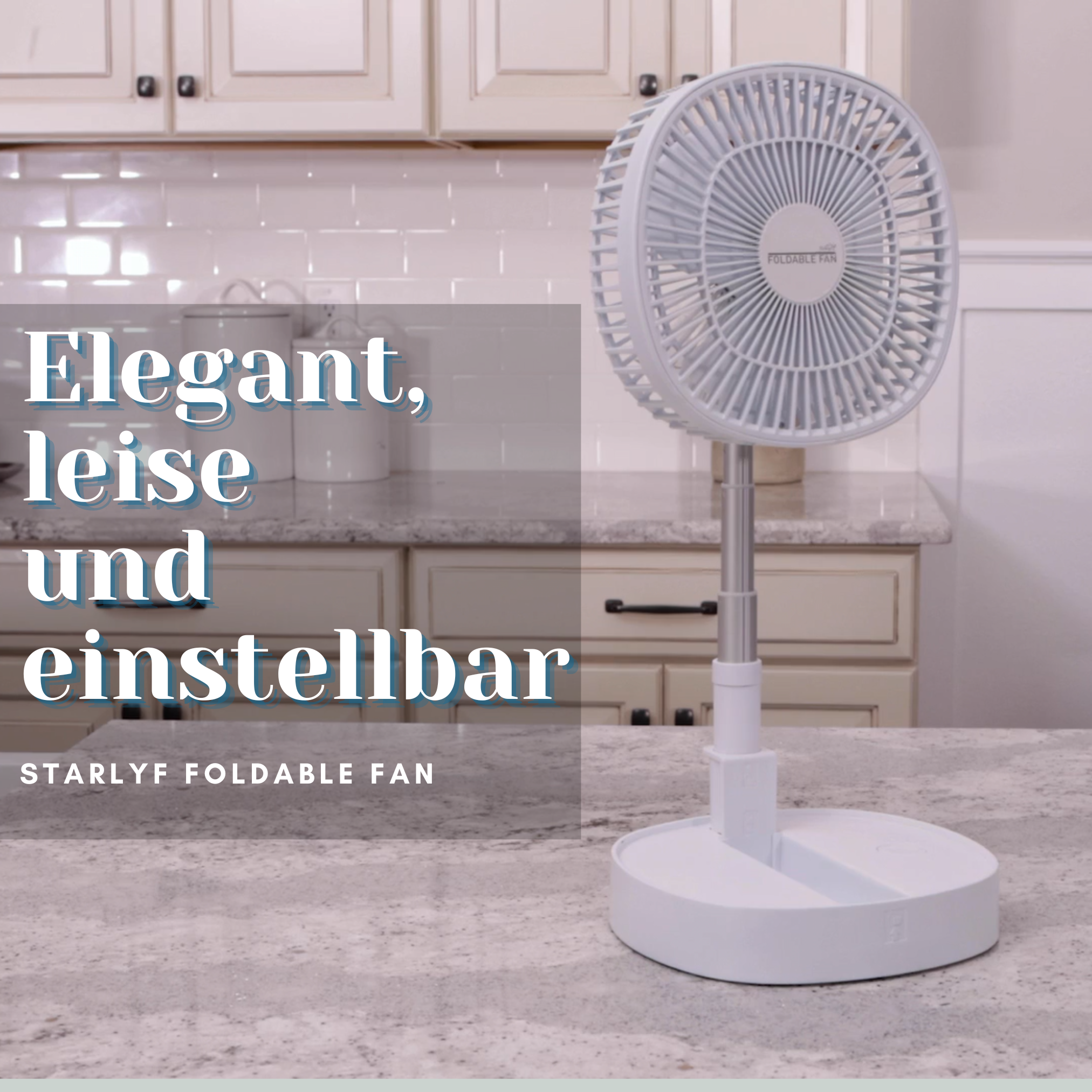 Weißer Ventilator mit rundem Kopf und Ständer, auf einer Theke, mit Textüberlagerung.