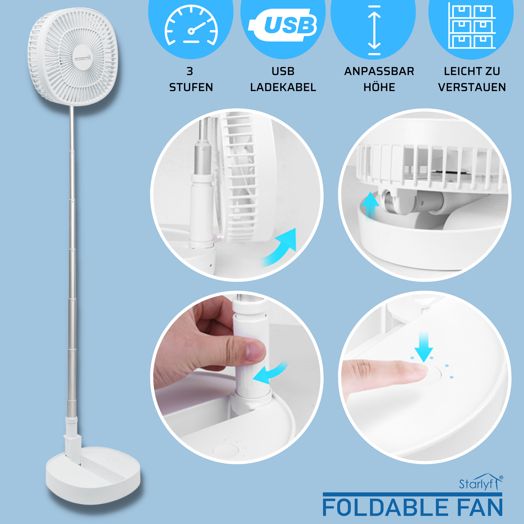 Weißer faltbarer Ventilator mit Symbolen für Stufen, USB, verstellbare Höhe und einfache Lagerung, auf blauem Grund.