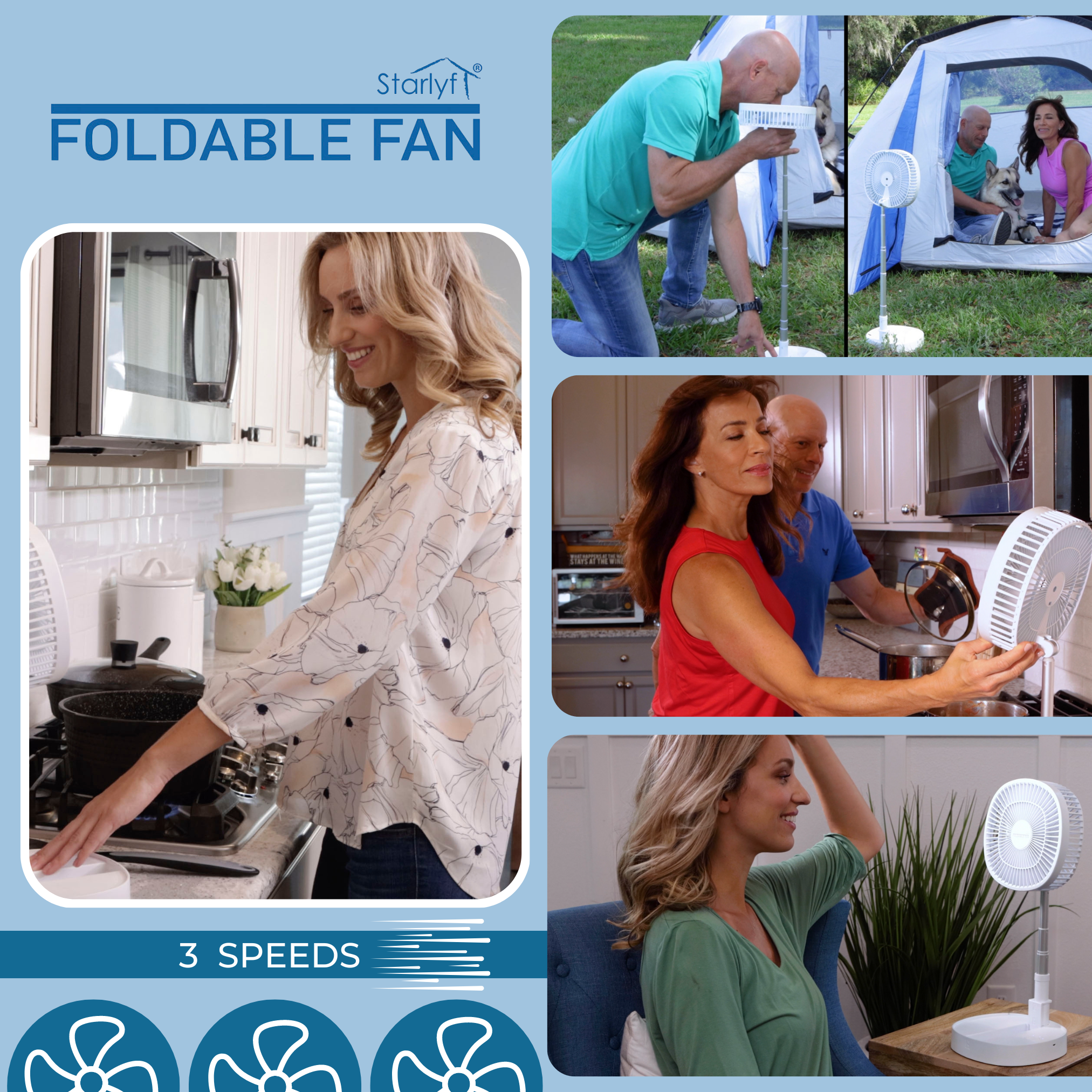 Ein faltbarer Ventilator wird in verschiedenen Umgebungen verwendet, drinnen und draußen.