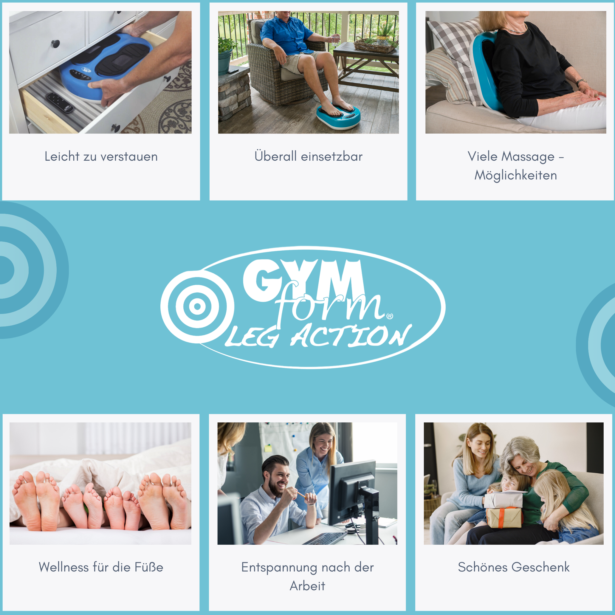 Eine blau-weiße Grafik mit Bildern von Personen, die das Gym Form Leg Action verwenden, und Text.