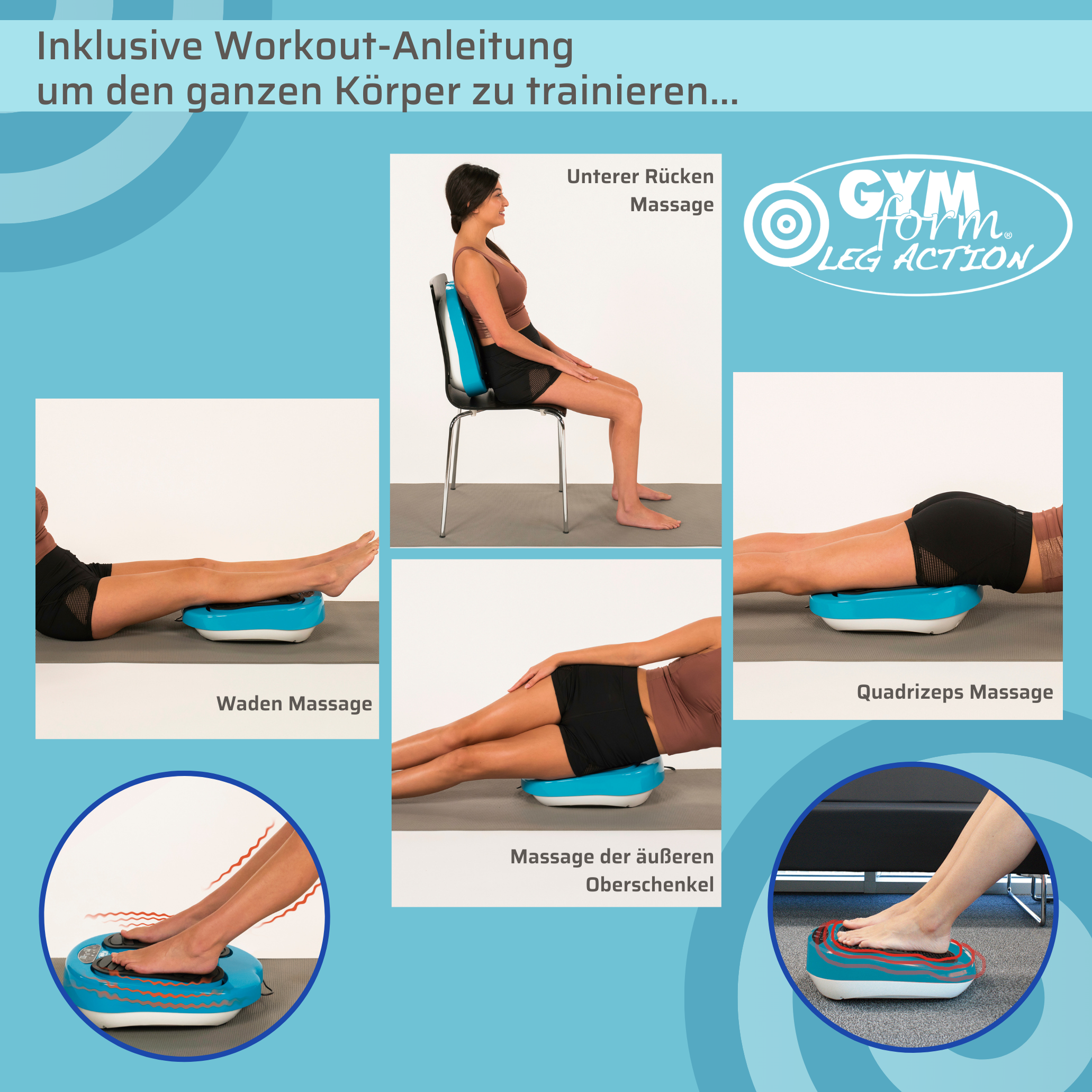 Bild zeigt Workout-Anweisungen mit einer Frau, die eine Beinmaschine in verschiedenen Positionen benutzt.