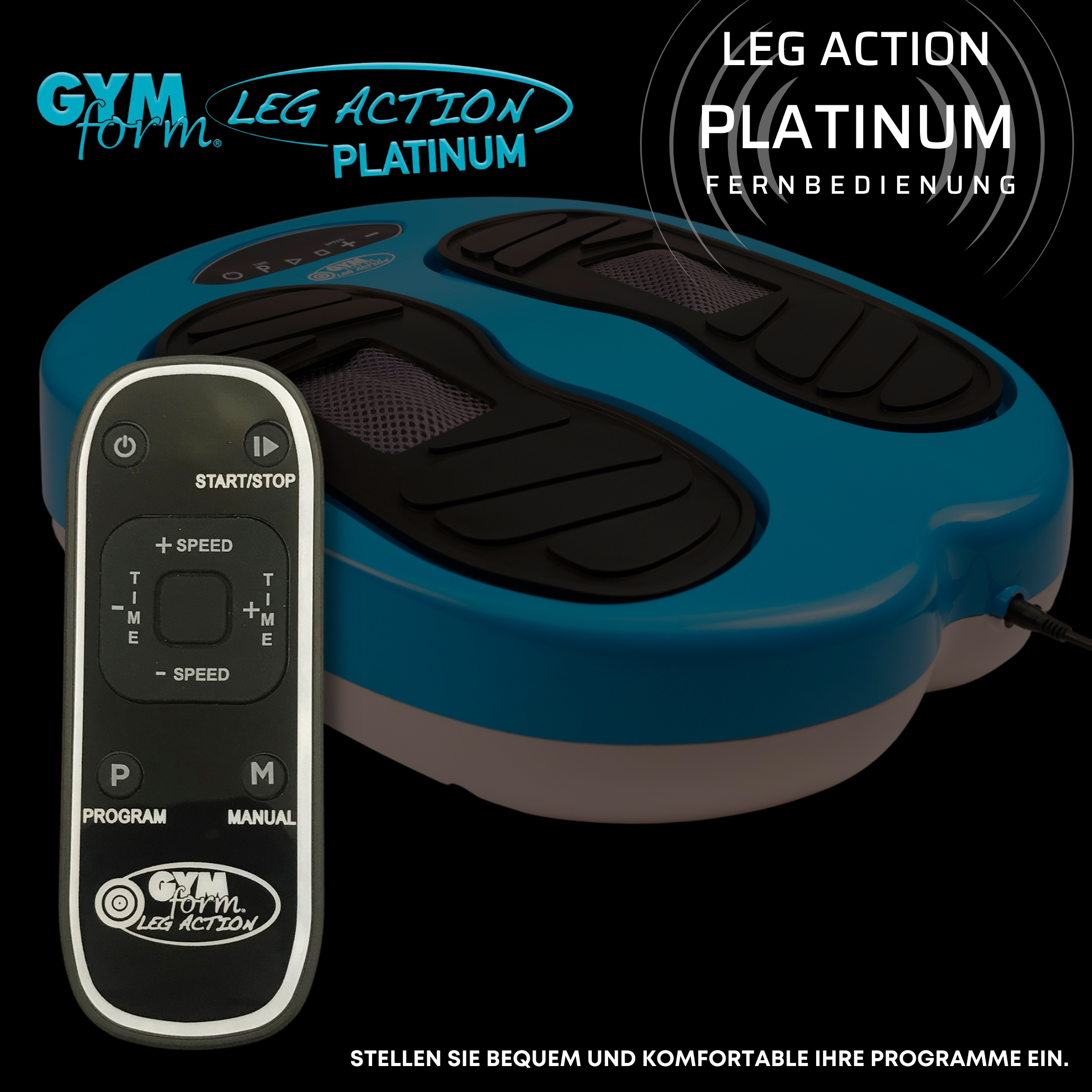 Leg Action Platinum Maschine mit Fernbedienung und Füßen einer Person, die auf der Maschine ruhen.