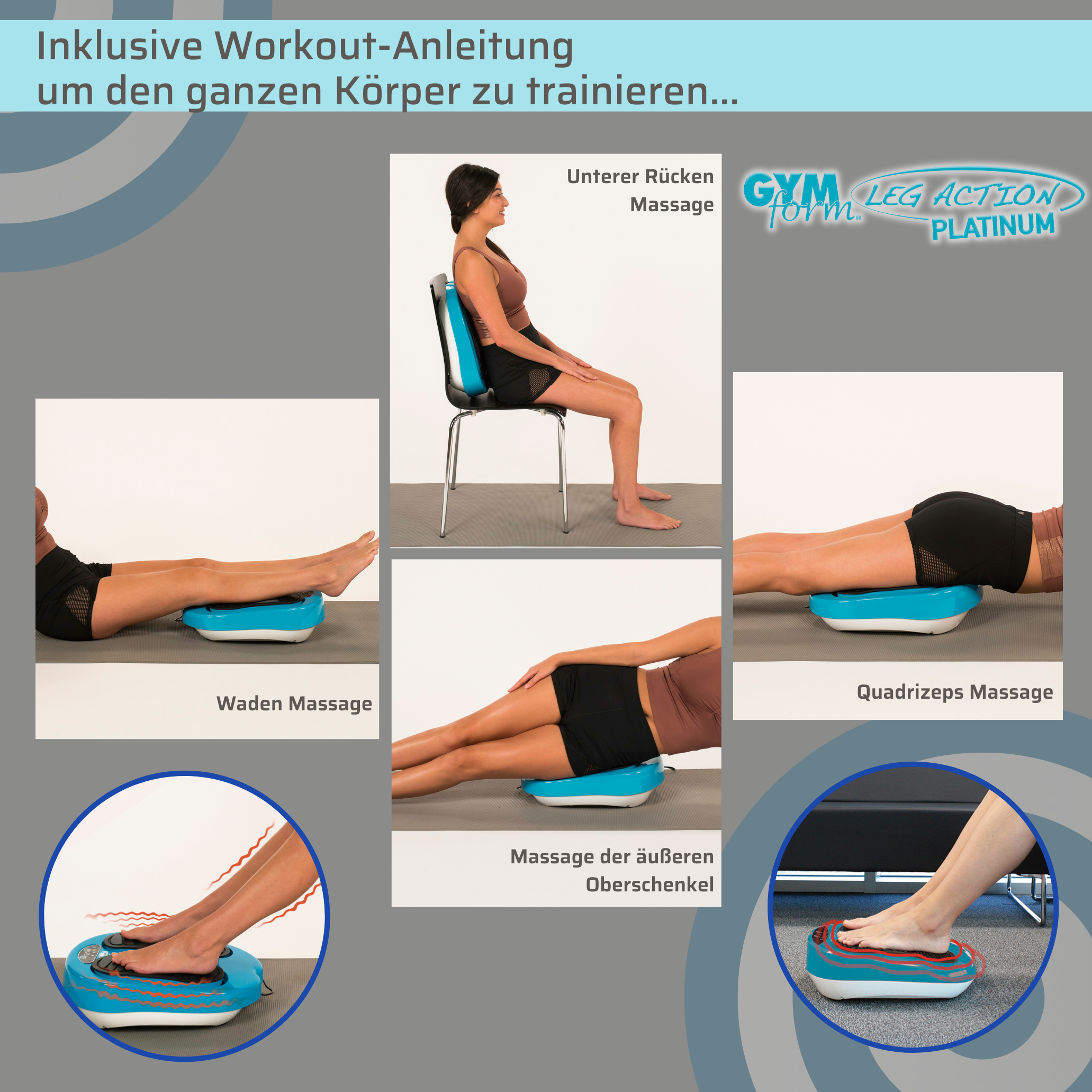 Bilder, die Übungen mit einer Gym Form Bein-Aktionsmaschine zeigen.