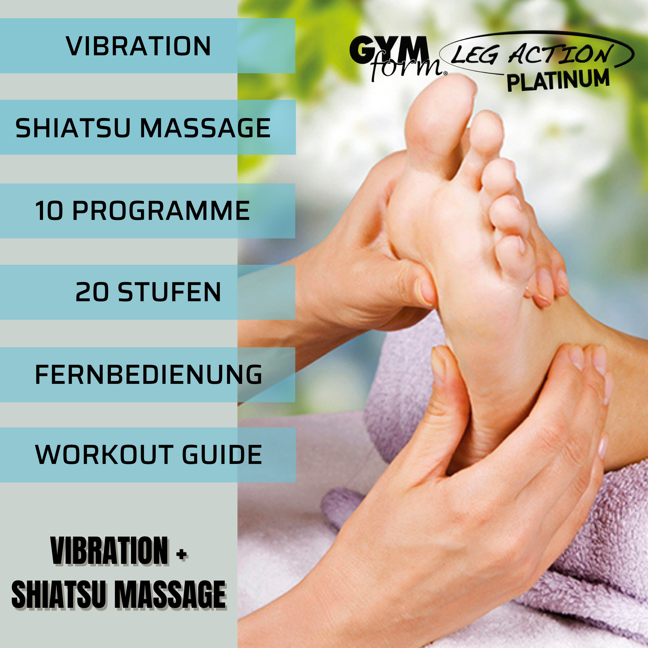 Hände massieren Fuß mit Textüberlagerungen für Vibration, Shiatsu-Massage und andere Funktionen.