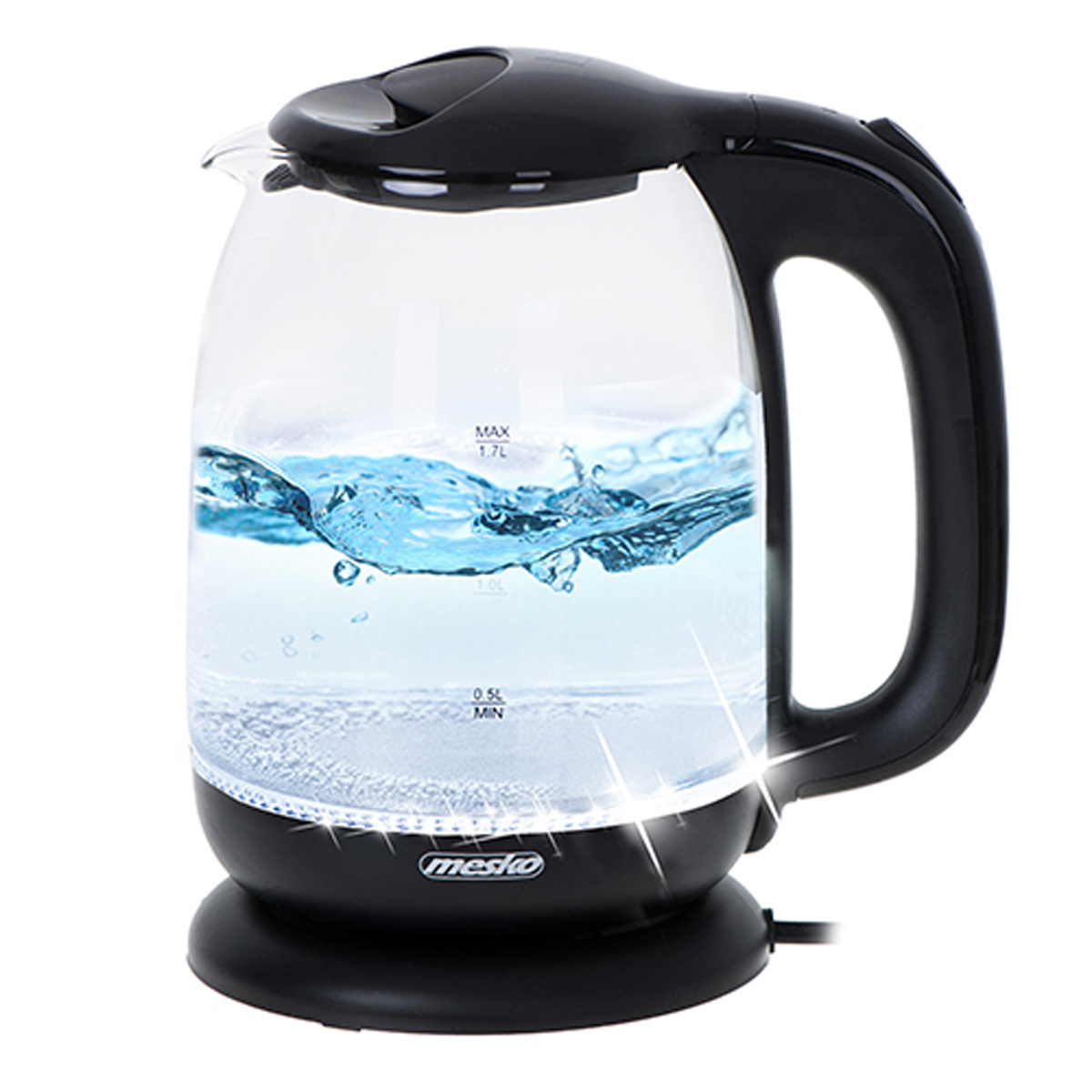 Klarer elektrischer Glaskessel mit schwarzem Griff und Boden, gefüllt mit Wasser.