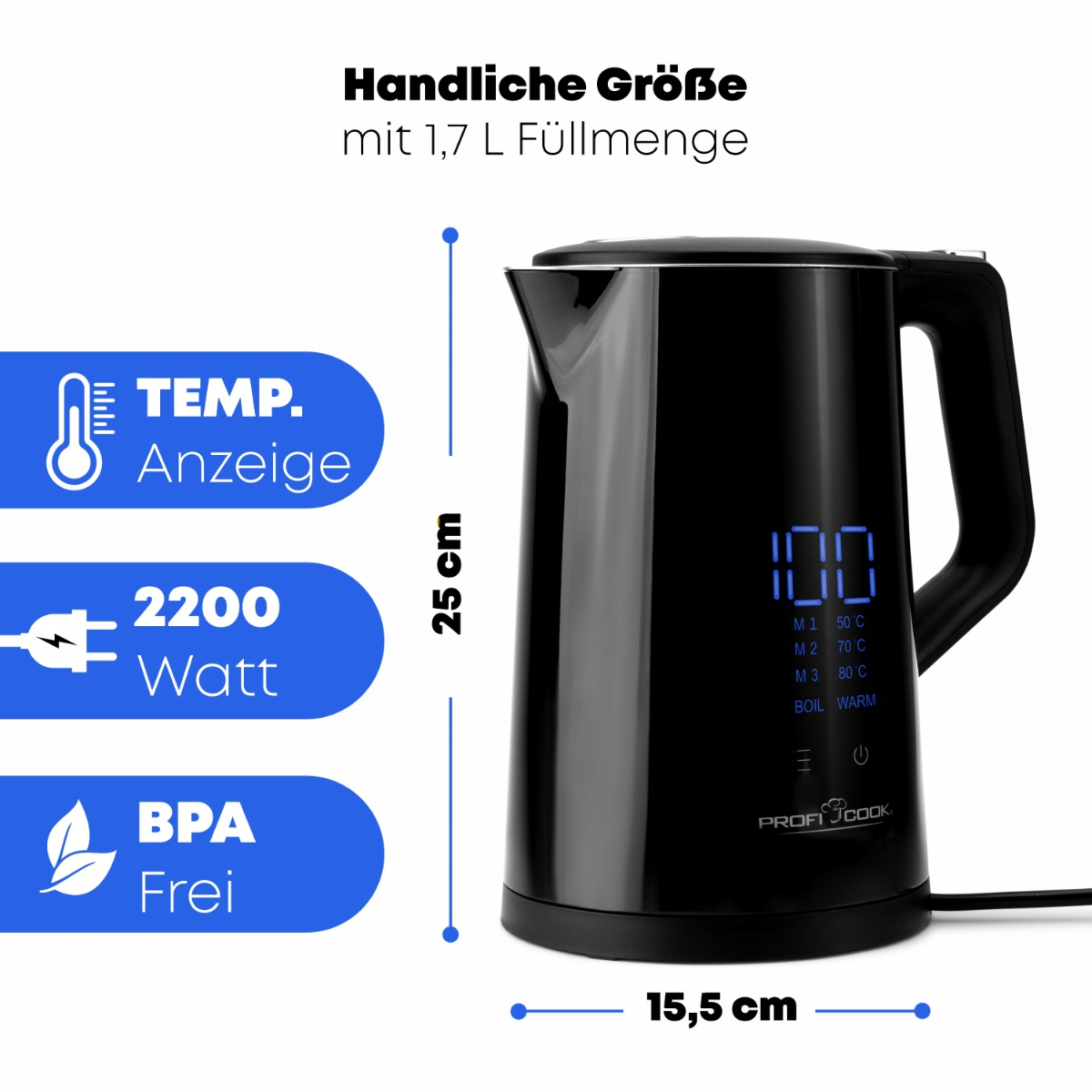 Czarny czajnik elektryczny z wyświetlaczem cyfrowym i tekstem informacyjnym.