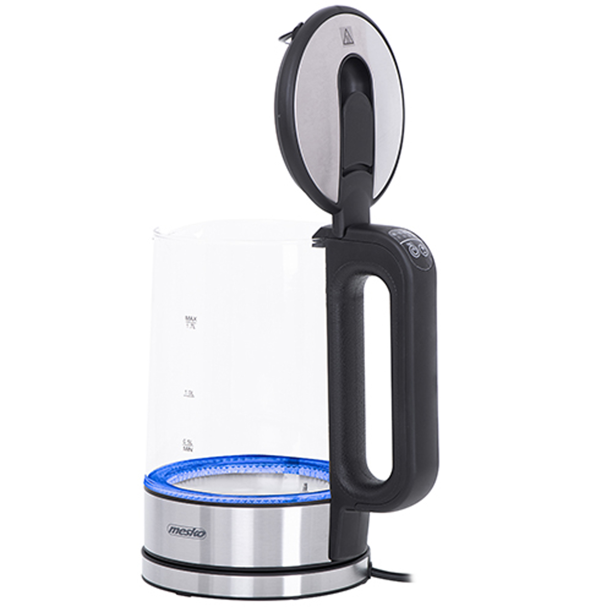 Szklany czajnik z czarnym uchwytem i niebieskim światłem na dole.