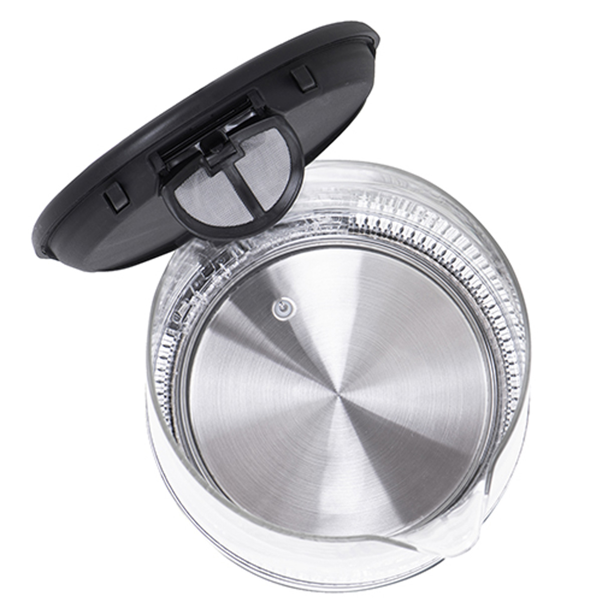 Widok z góry na przezroczysty szklany czajnik elektryczny z otwartą pokrywką.