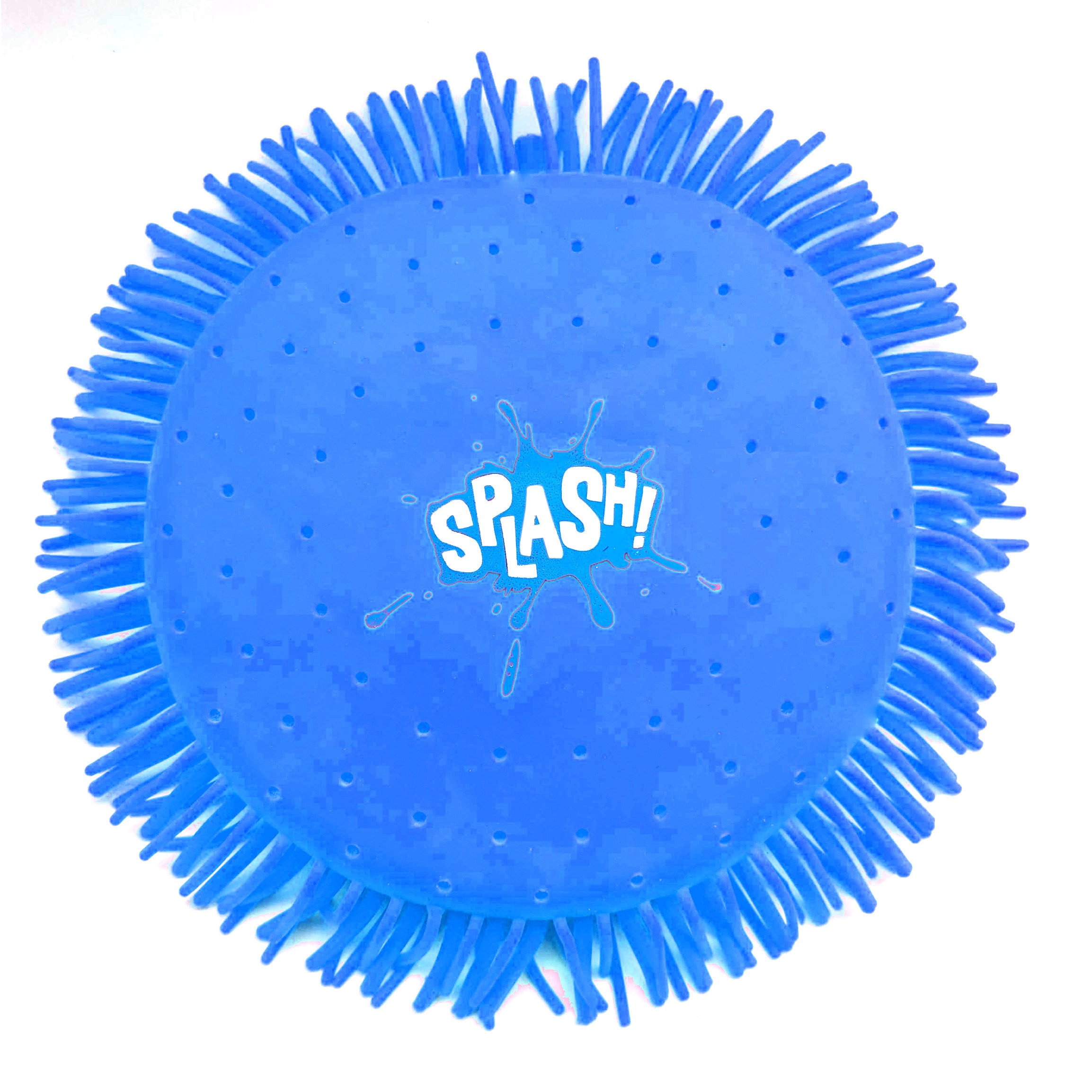 Ein blauer, stacheliger Ball mit dem Wort SPLASH! darauf. Der Hintergrund ist weiß.